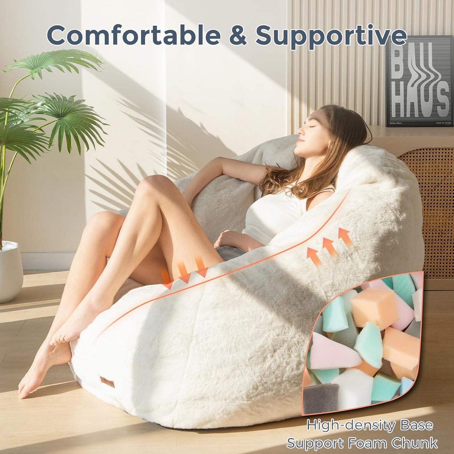 MAXYOYO Giant Bean Bag Chair, Oversized Bean Bag Couch for Adults and Kids, Faux Fur Shell-Shaped Large Chair with Filler, Stuffed Big Accent Sofa Lounge Floor Sofa for Gaming, Reading, Beige