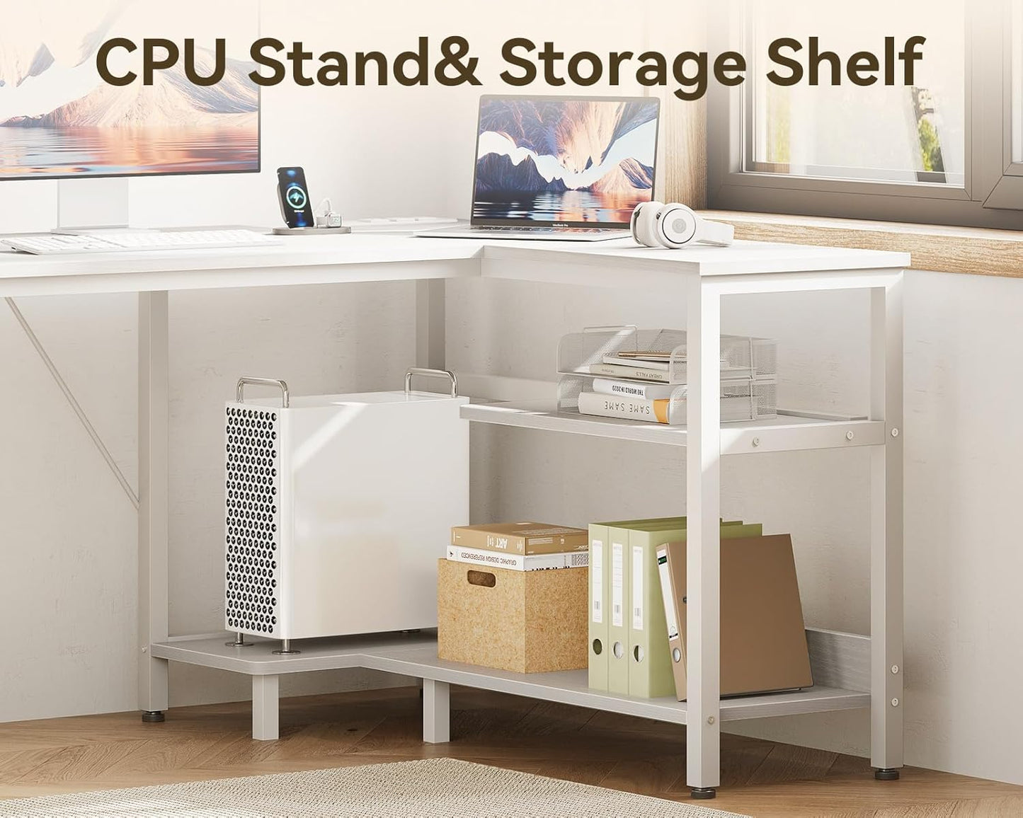 Casaottima L Shaped Desk with Drawers & File Cabinet, Reversible White Computer Desk with Storage Shelves & CPU Stand, Corner Desk with Power Outlets, L Table for Home Office