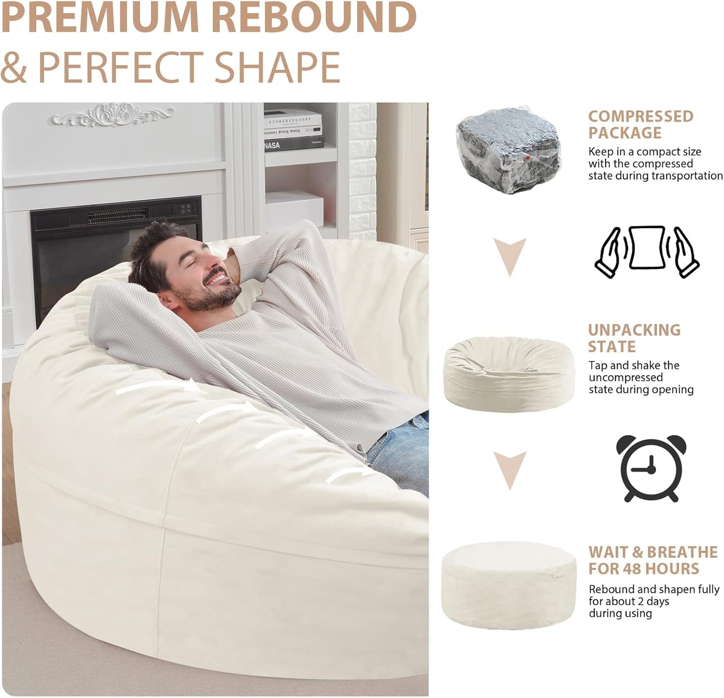 6FT Bean Bag Chair, Large Bean Bag Chairs with Memory Foam Filled, Fluffy Beanbag Sofa with Dutch Velvet Cover, Round BeanBag Chairs for Living Room, Playroom- Beige