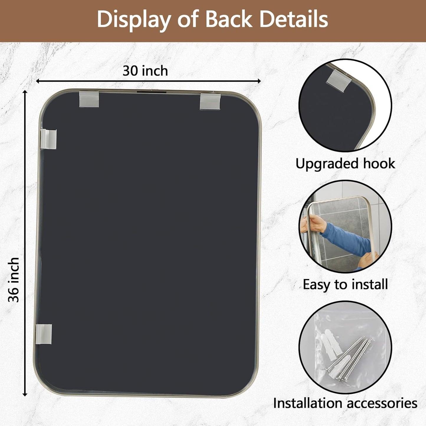 30x36 Inch Brushed Nickel Bathroom Mirror, Framed Rectangle Mirror with Rounded Corner, Brushed Mirror, Silver Bathroom Mirror for Over Sink, Vanity, Living Room, Bedroom, Horizontal/Vertical