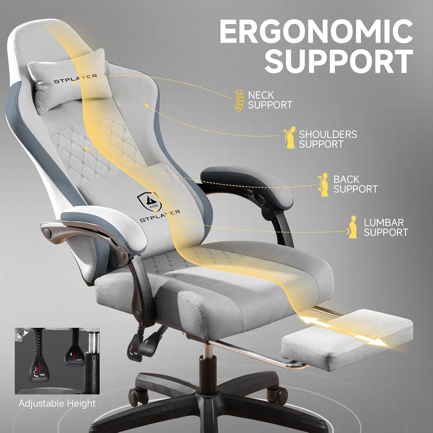 GTPLAYER Office Chair, Gaming Computer Desk Fabric Chair with Footrest, High Back Ergonomic Office Chair with Pocket Spring Lumbar Support and Linkage Armrests Adjustable Height Swivel for Home Task