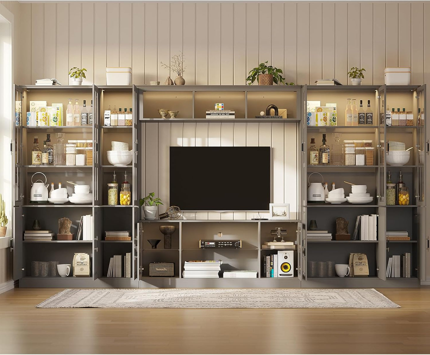 4-Piece Wall Unit TV Stand with Storage & LED Lights for TVs up to 75", Modern Entertainment Center with Bookshelves & 6-Door Pantry Cabinet, Gray