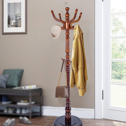73" Wooden Coat Rack Stand,Coat Racks Freestanding With 11 Hooks And Solid Round Base Heavy Duty Adjustable Height Hall Tree Coat Rack for Entryway Hallway Foyer Office Bedroomf (Antique Color)