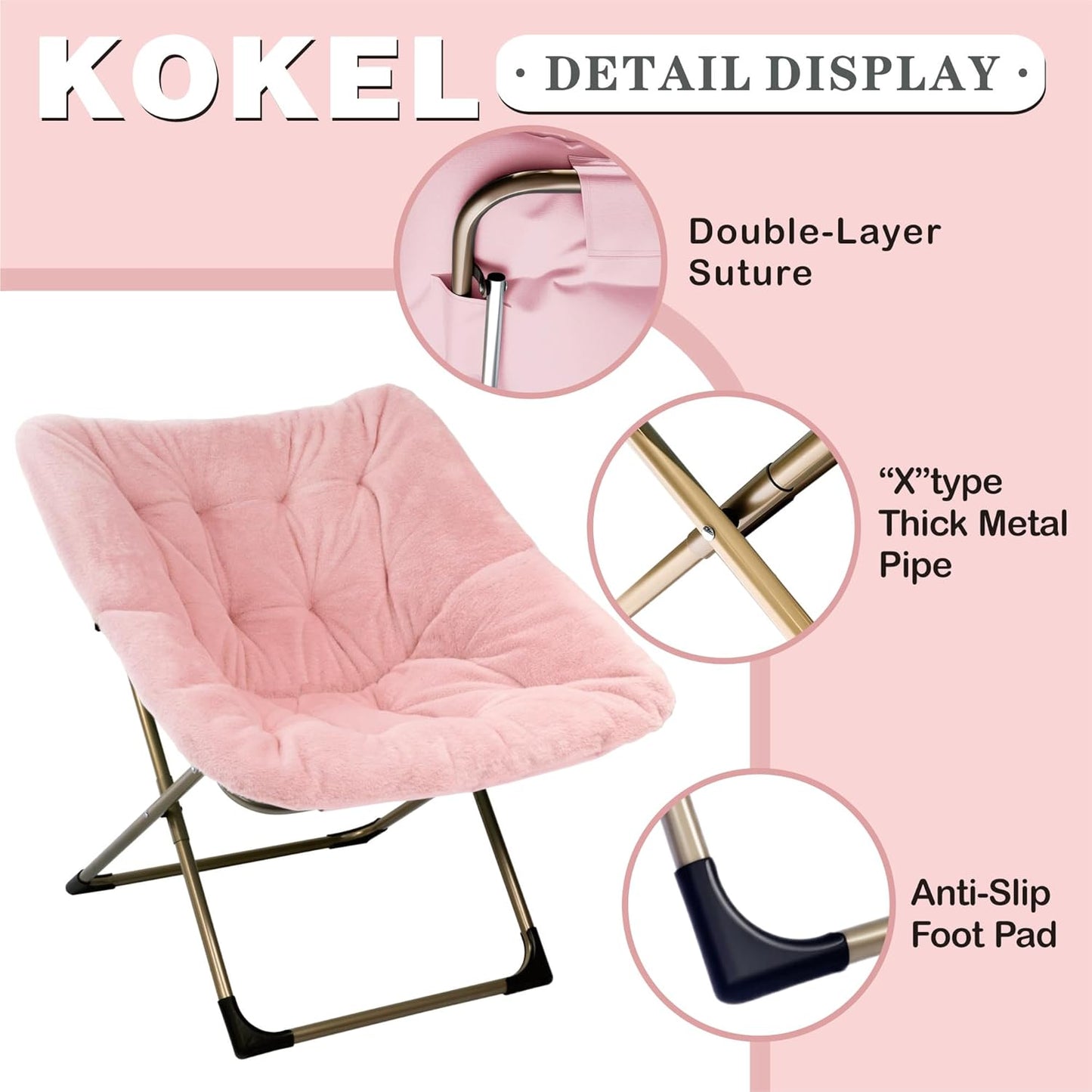 Kokel Plush Folding Chair and Ottoman Padded Metal Frame Living Room Chair (Pink-TM8)
