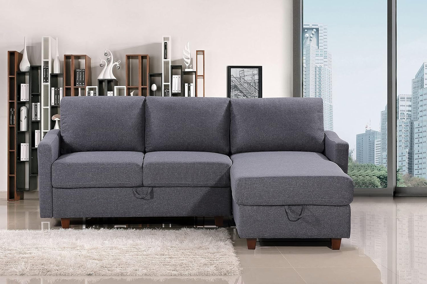 Container Furniture Direct Sectional Sofa with Storage – Modern Upholstered Living Room Couch, Reversible Chaise for Home, Apartment, Office, 81.9” L, Dark Grey