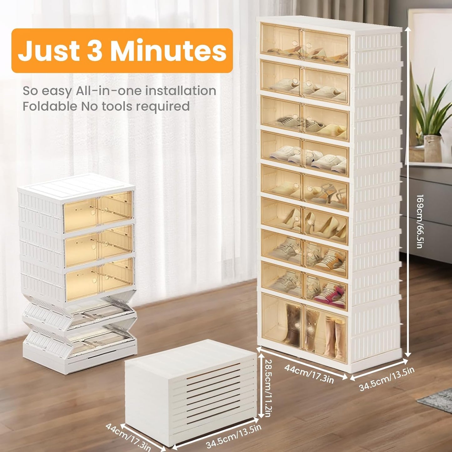 Foldable Shoe Organizer Storage Box, Portable Extra Large Folding Shoe Rack for Closet, Shoe Storage Box with Magnetic Transparent Door and Wheels, 9 Layers 18 Grids with 2 Big Grids for 2 PCS