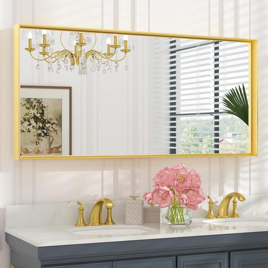 Keonjinn Gold Bathroom Mirrors for Wall 48 x 24 Inch Brushed Gold Frame Rectangular Vanity Mirror Large Metal Framed Farmhouse Mirror for Bathroom Sink Modern Full Length Mirror(Horizontal/Vertical)