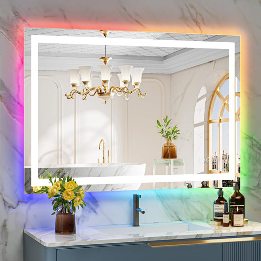 40x24 Inch RGB LED Bathroom Mirror Front Light and RGB Backlit Lighted Vanity Mirror for Bathroom Wall Mounted Dimmable Anti Fog Memory Shatter-Proof IP54 Waterproof Horizontal/Vertical