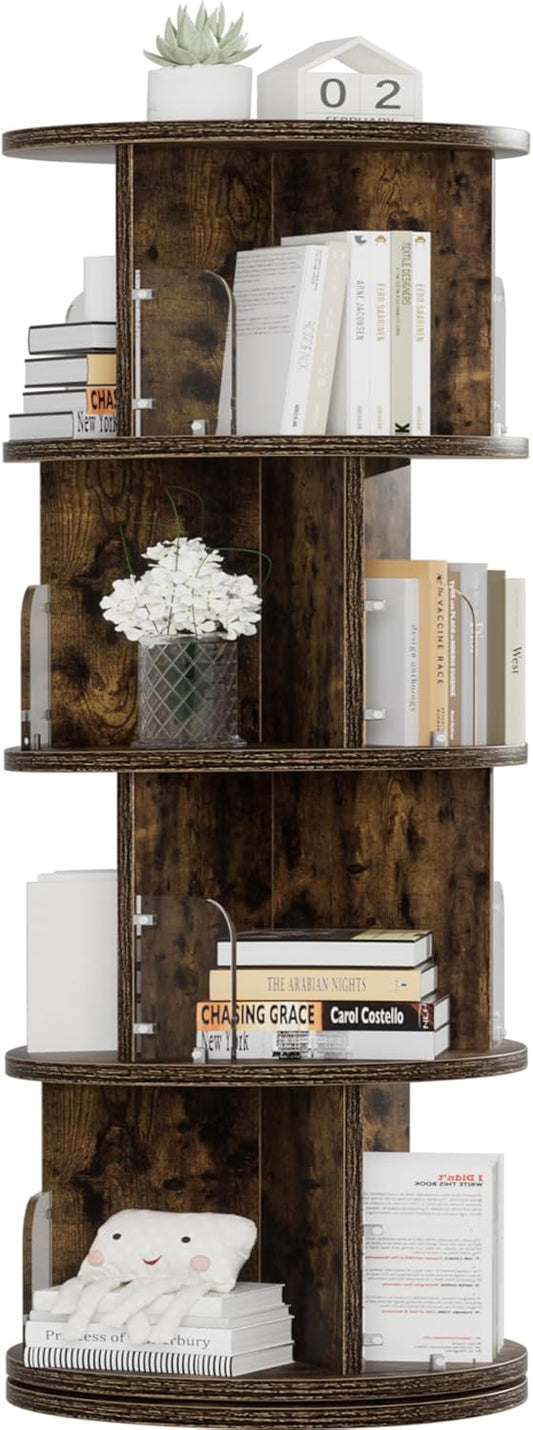 VECELO 4 Tier Revolving Bookshelf Tower, 360° Display Floor Standing Storage Rack with Acrylic Visible Window Partition for Bedroom, Living Room Home and Office, Brown