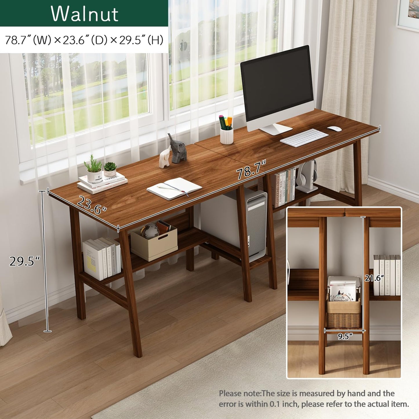 2-Person Writing Desk with Bookshelf - 79" Wooden Extra Long Home Office Work Table, Double Study Computer Workstation with Storage Shelves in Walnut, 79" W x 24" D
