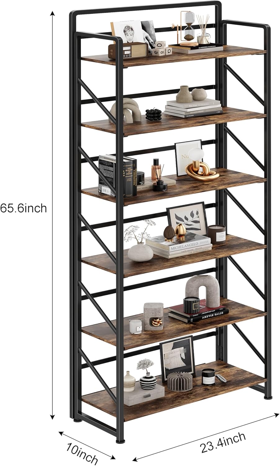 JSB No Assembly Folding Bookshelf, 6 Tier Industrial Metal Book Shelf for Storage, Vintage Wood Foldable Bookcase for Living Room, Bedroom, Office Organization Shelves