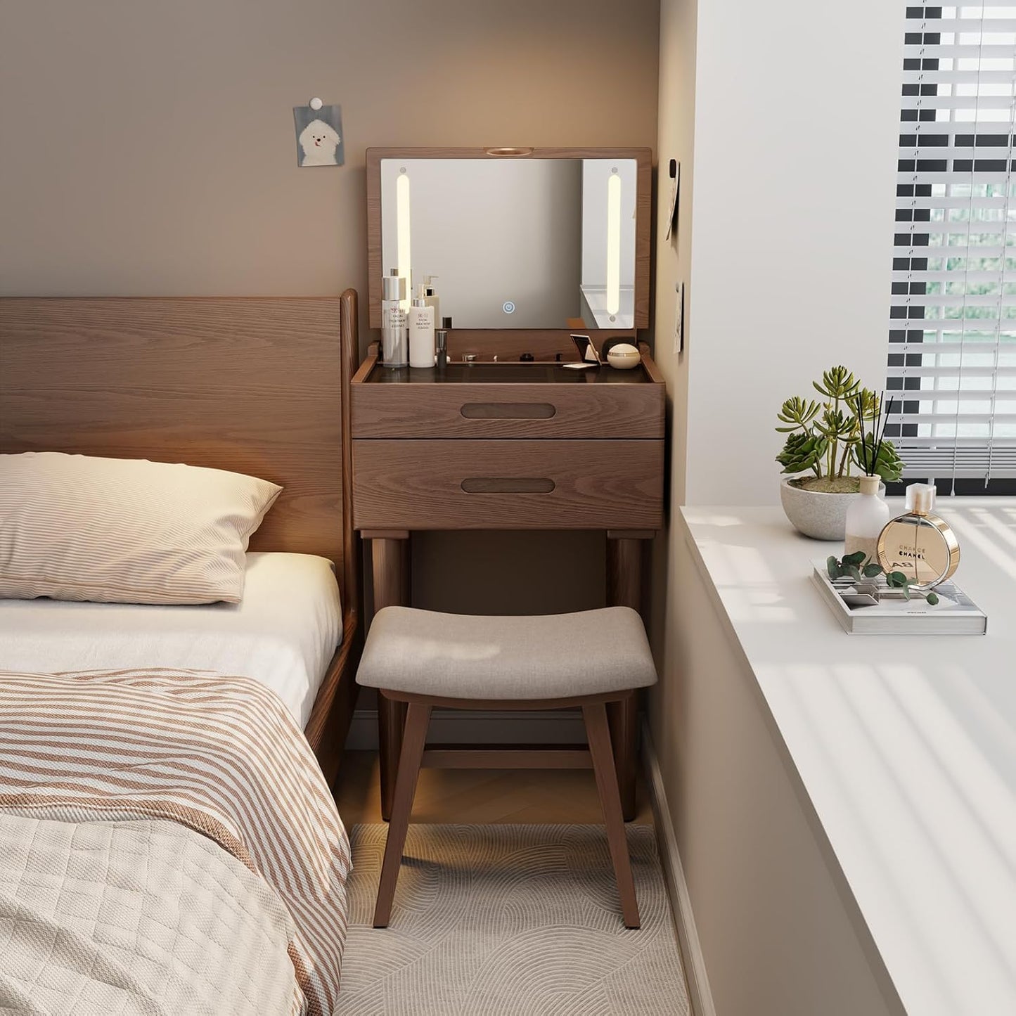 Solid Wood Small Vanity Stool, Compact Makeup Chair with Saddle Cushion, Linen-Covered High Rebound Sponge Seat, Easy Assembly Footstool for Bedroom, Entryway, Home, Walnut