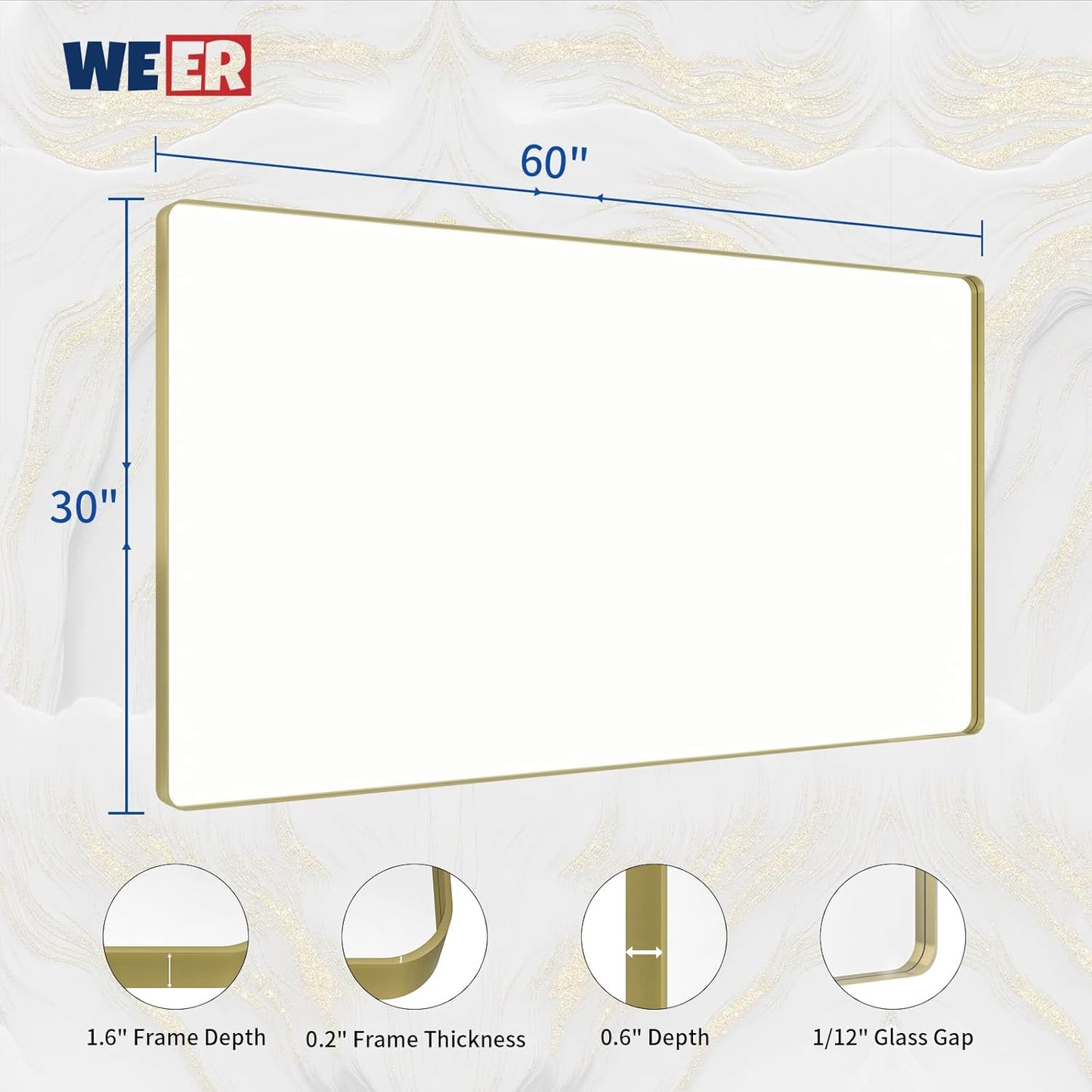 WEER Gold Bathroom Mirror, 60x30 Inch Brushed Gold Metal Frame, Rounded Rectangle Vanity Mirror for Wall, Tempered Glass, Anti-Rust, Hangs Horizontally or Vertically