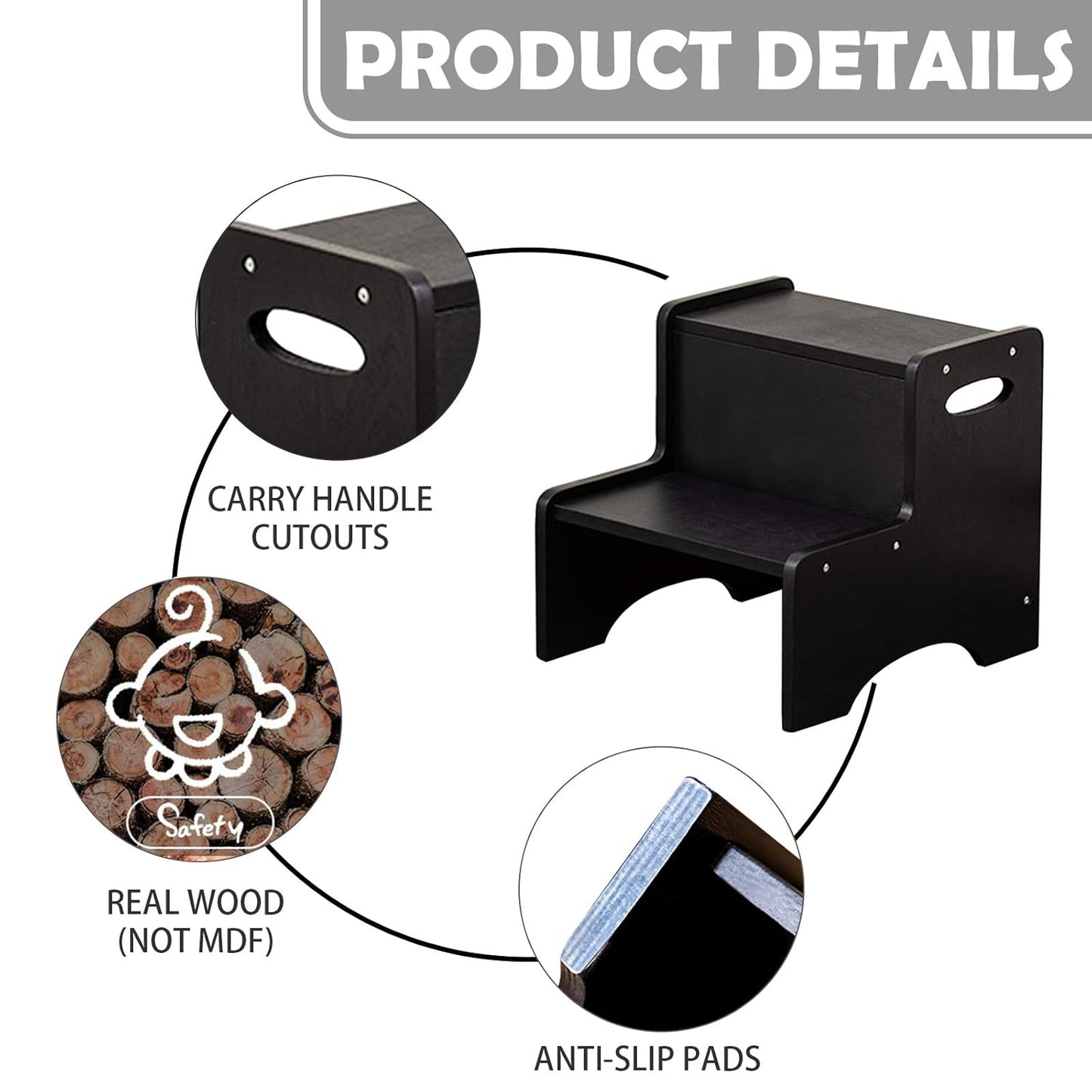 WOOD CITY Step Stool for Kids, Wooden Toddler Step Stool with Safety Non-Slip Mats and Handles for Kitchen, Bathroom Sink & Potty Training - Black