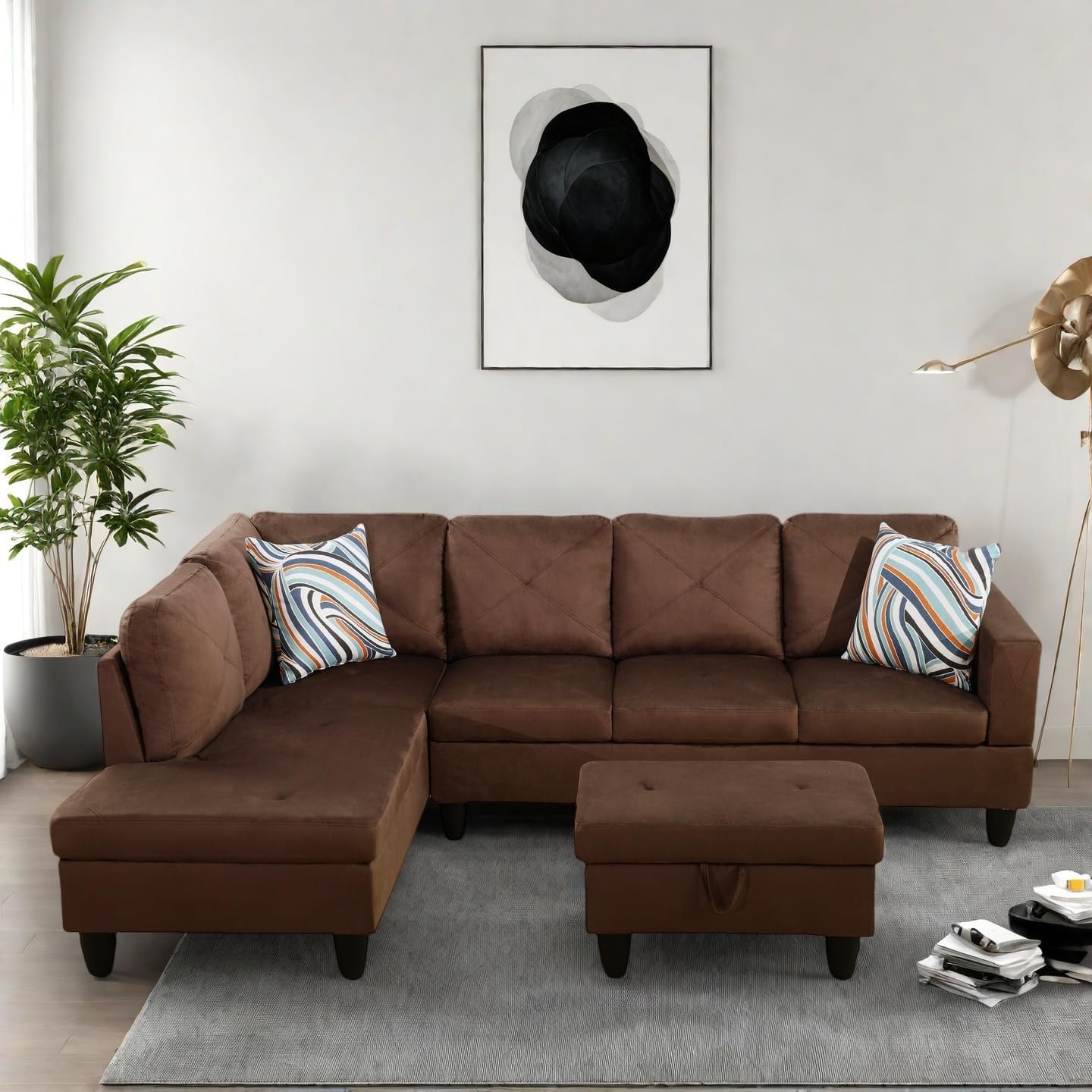 Modern Living Room Furniture Sets with Pillows, Modular Sectional Couches with Chaise Lounge, 4-Seaters L Shape Sofa with Storage Ottoman, for Living Room, Microfiber, Brown