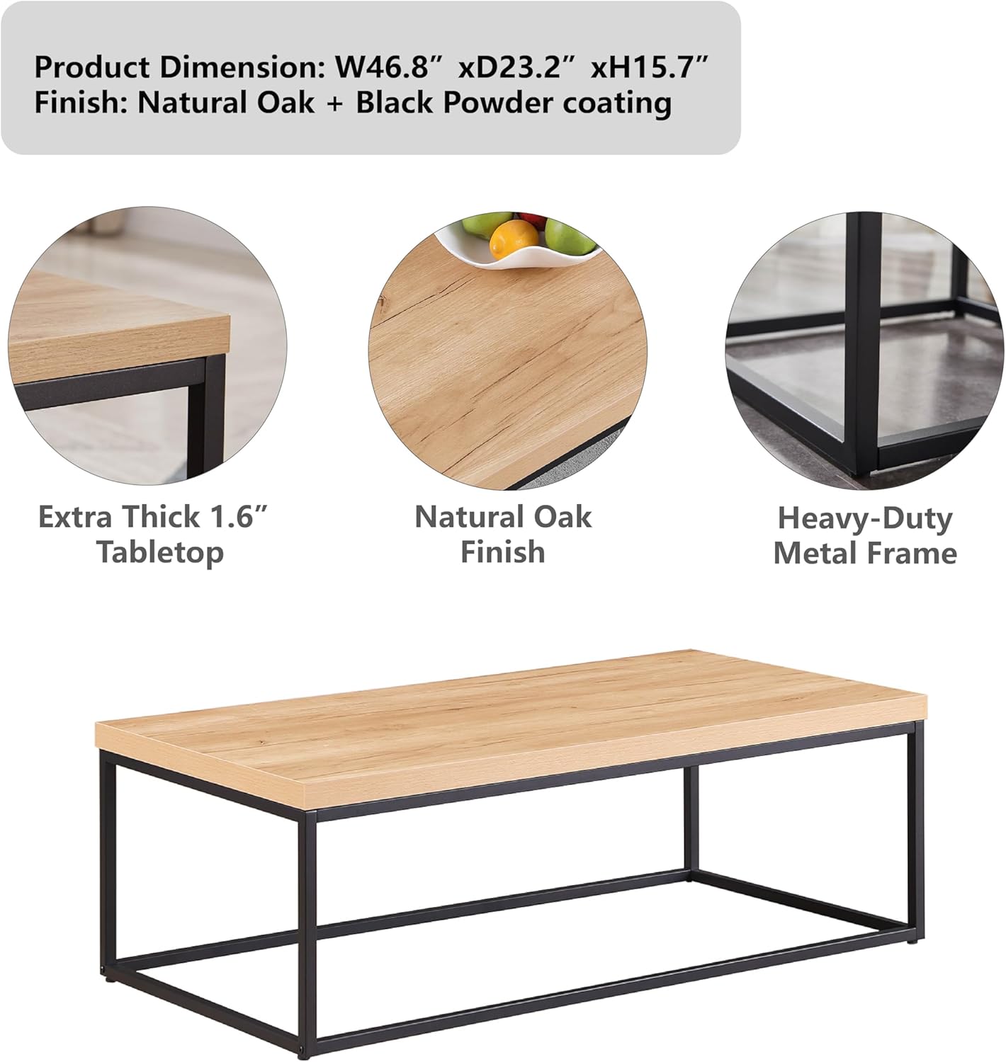 CENSI 47-Inch Natural Oak Accent Coffee Table/Center Table for Living Room, Rectangle Modern Industrial Style,Wood and Metal, Max.Loading 220 lbs. (White Oak)