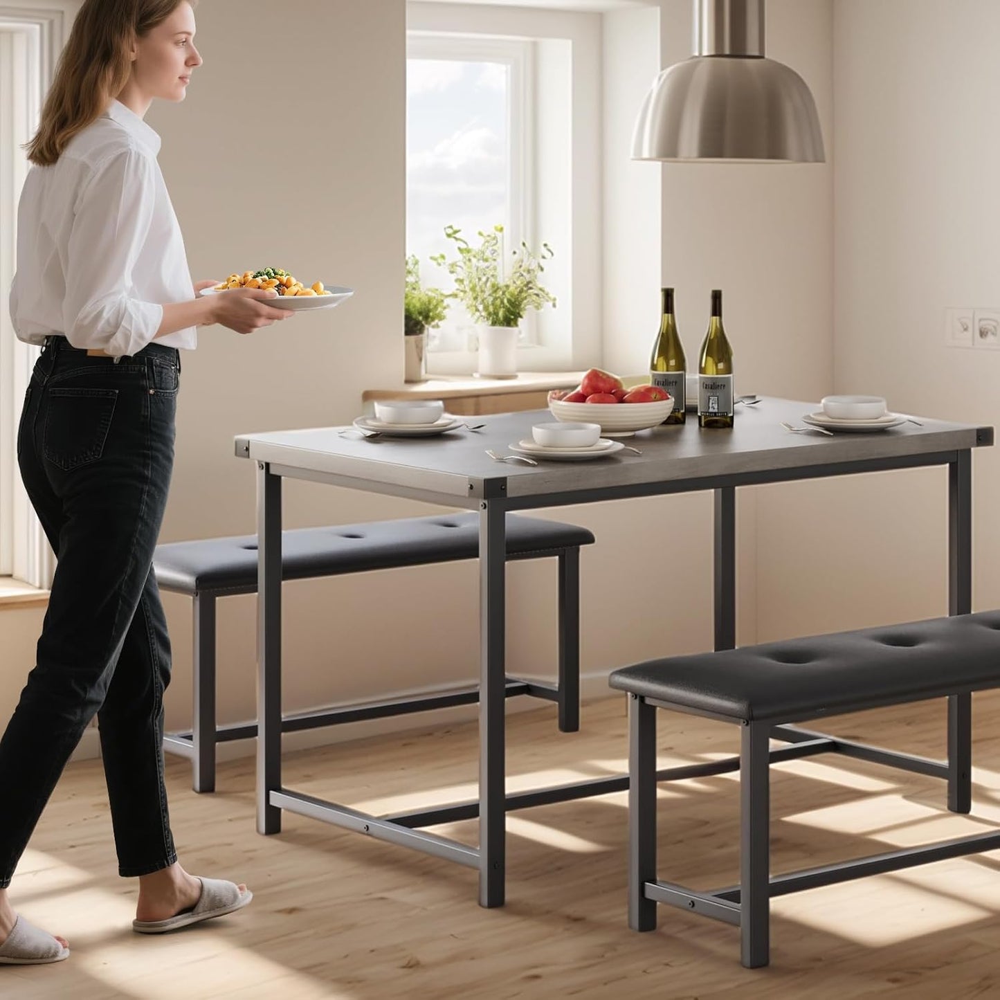 3 PSC Dining Table Set with 2 Upholstered Benches and 1 Table for 4, 44" Small Space Breakfast Nook Set, Kitchen Table with Tufted Upholstered Seats, Rustic Wood & Metal Frame, Easy Assembly