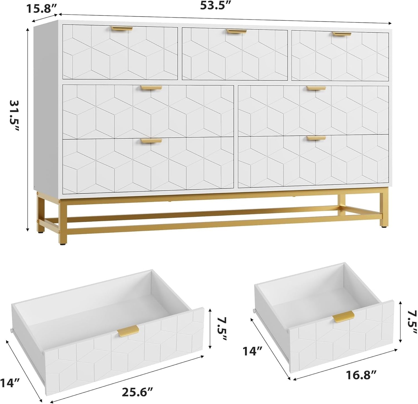 Dresser for Bedroom, 53.5" Wide Dresser Organizer, 7 Drawer with Golden Metal Handle and Legs, Modern Chest of Drawers for Closet, Hallway, Living Room, Entryway, White