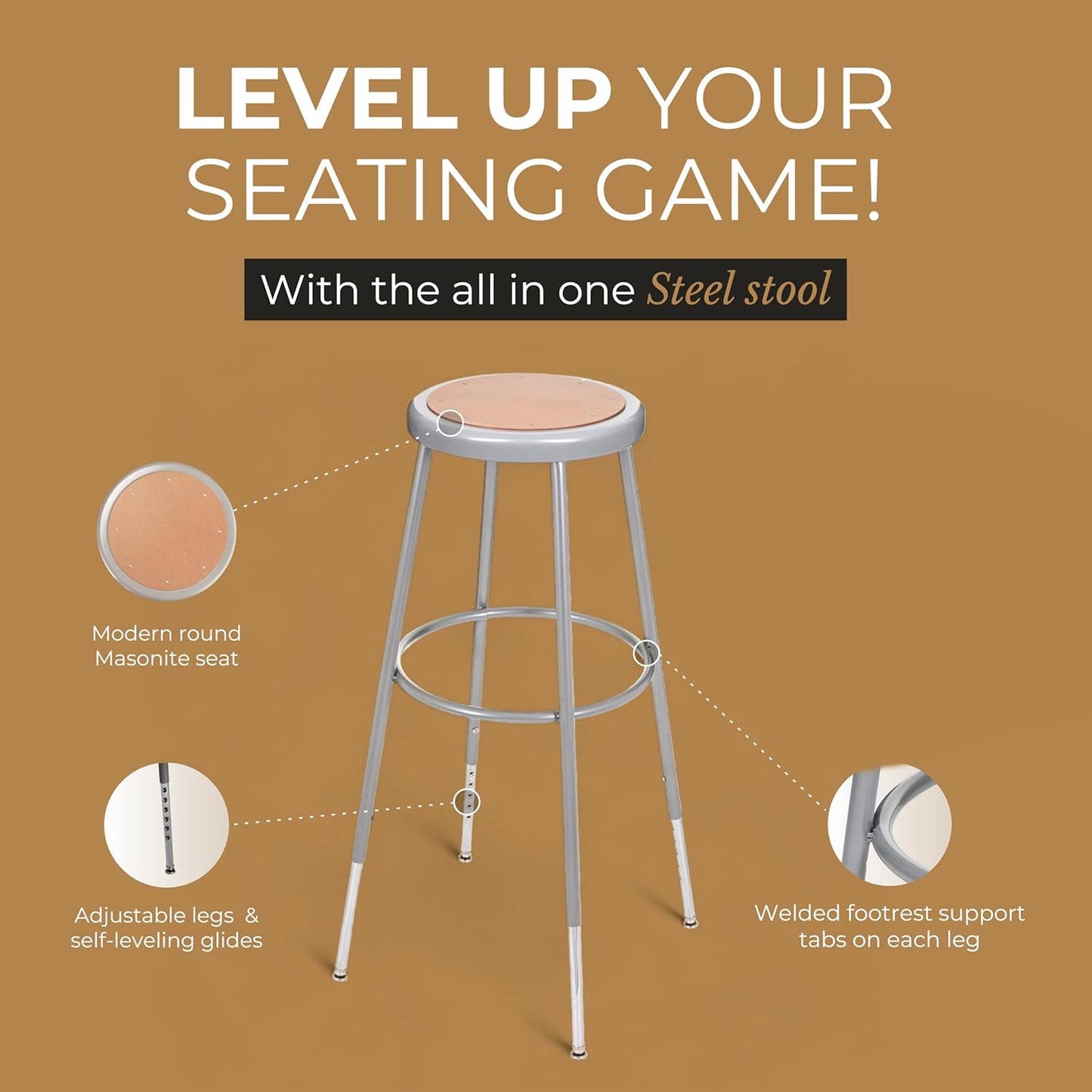 OEF Furnishings (2 Pack Height Adjustable Steel Stools, Grey, 31-39"