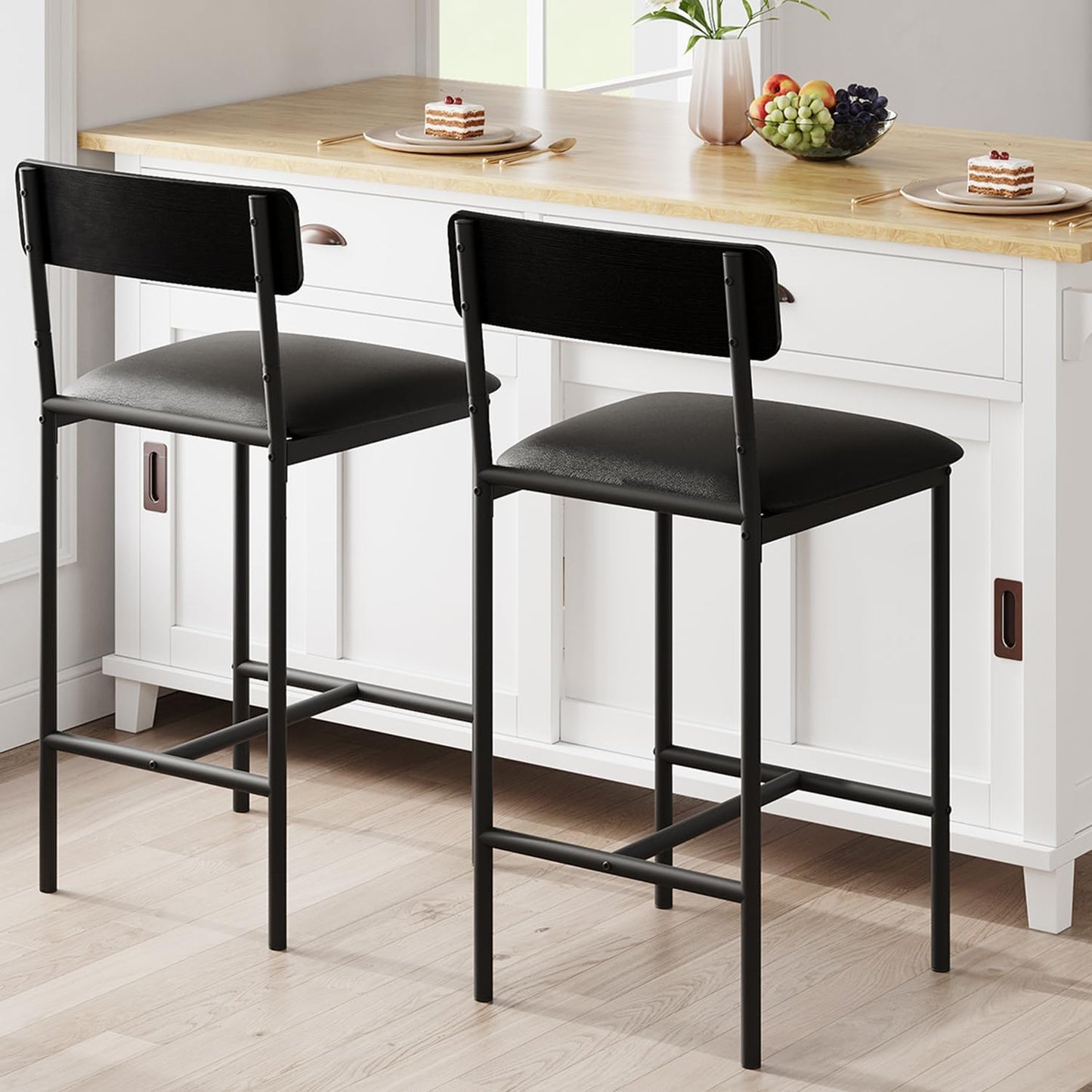 GarveeHome Bar Stools Set of 2, Upholstered Counter Height Bar Stools with Backrest and Footrest, Kitchen Barstools for Island, Counter Bar, Easy Assembly, Rustic Black