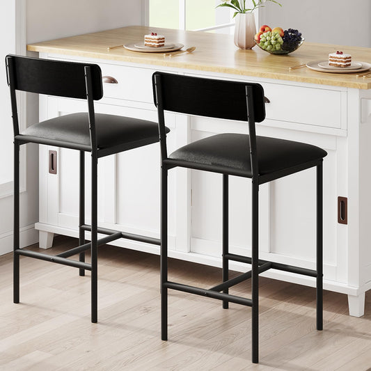 GarveeHome Bar Stools Set of 2, Upholstered Counter Height Bar Stools with Backrest and Footrest, Kitchen Barstools for Island, Counter Bar, Easy Assembly, Rustic Black