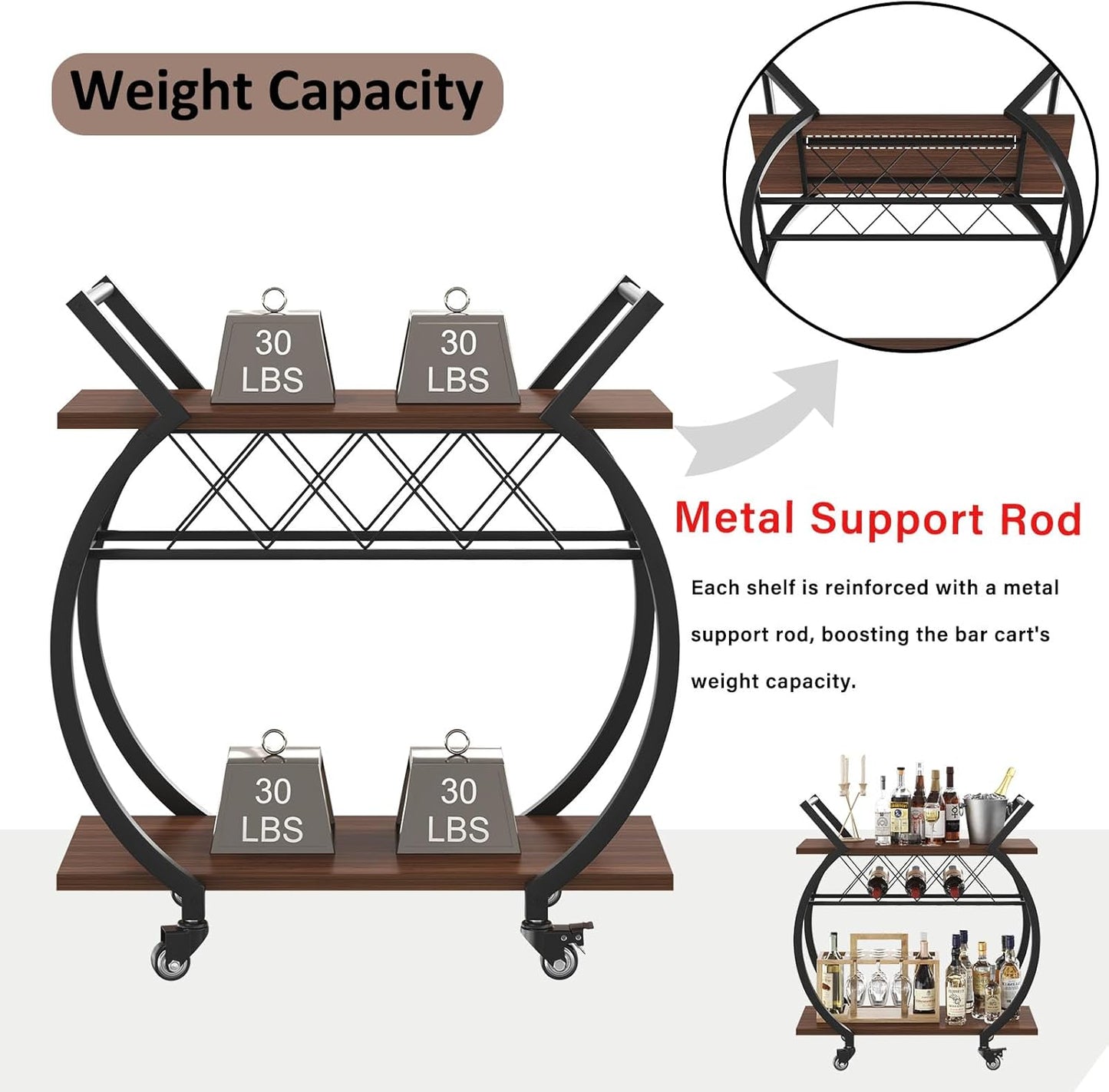 LVB Modern Gold Bar Cart, Industrial Rolling Serving Wine Cart with Wine Rack, Coffee Liquor Drink Cart with Storage and Wheels, Wood and Metal Kitchen Microwave Beverage Cart for Home, Walnut