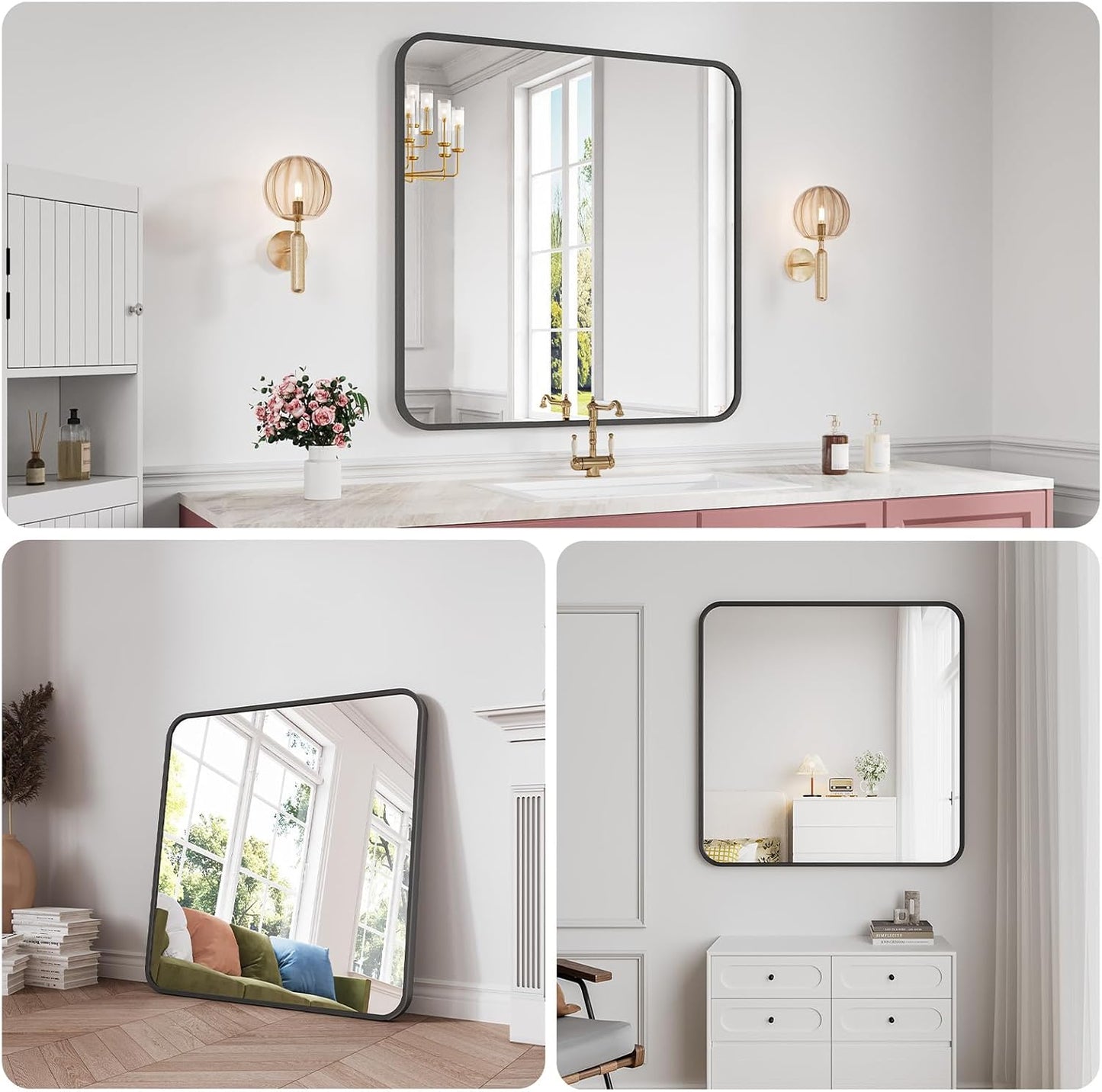 Koonmi Bathroom Mirror, 36X36 Inch Black Metal Framed Mirror for Bathroom, Tempered Glass, Anti-Rust, Rounded Rectangle Mirror for Restroom, Bedroom, Black