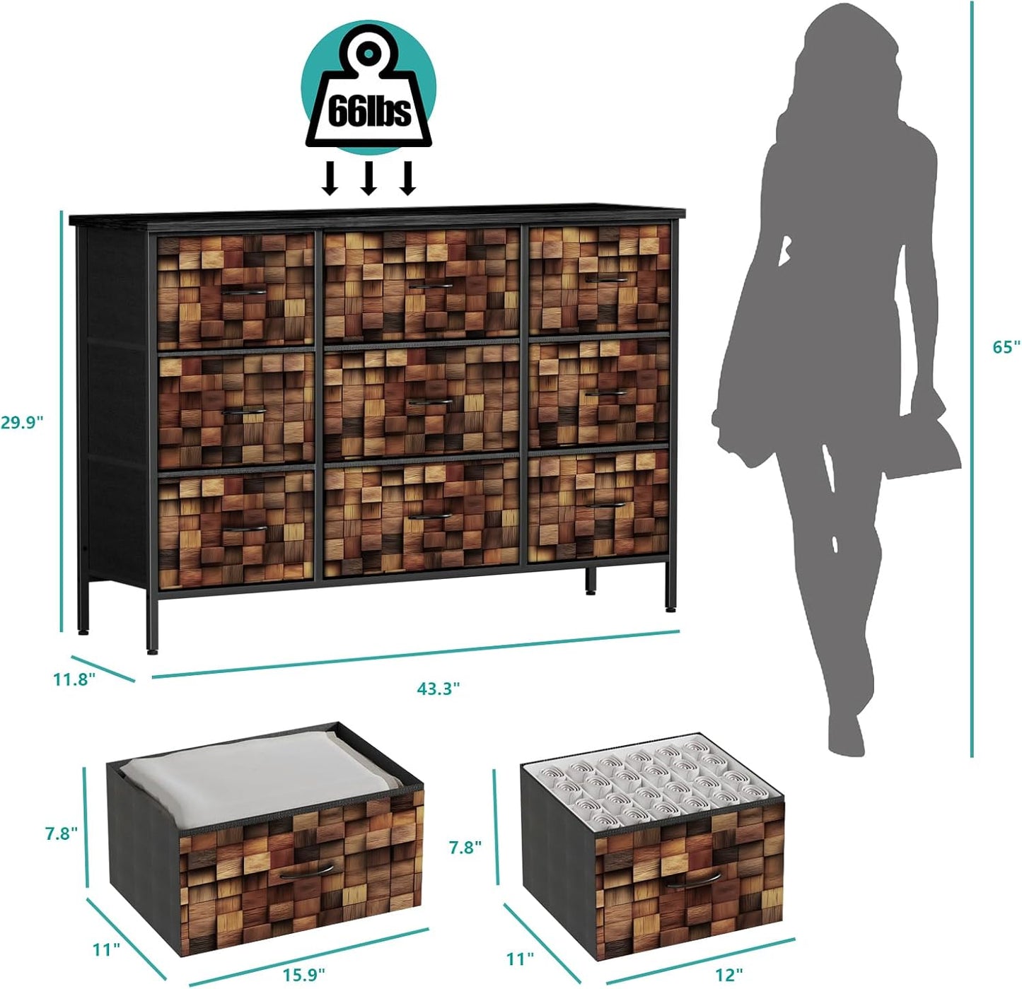 TV Stand with 9 Drawers, Chest of Drawers with Fabric Bins, Black Wood Top Dresser for Bedroom, Storage Organizer Cabinet for Closet (Brown)