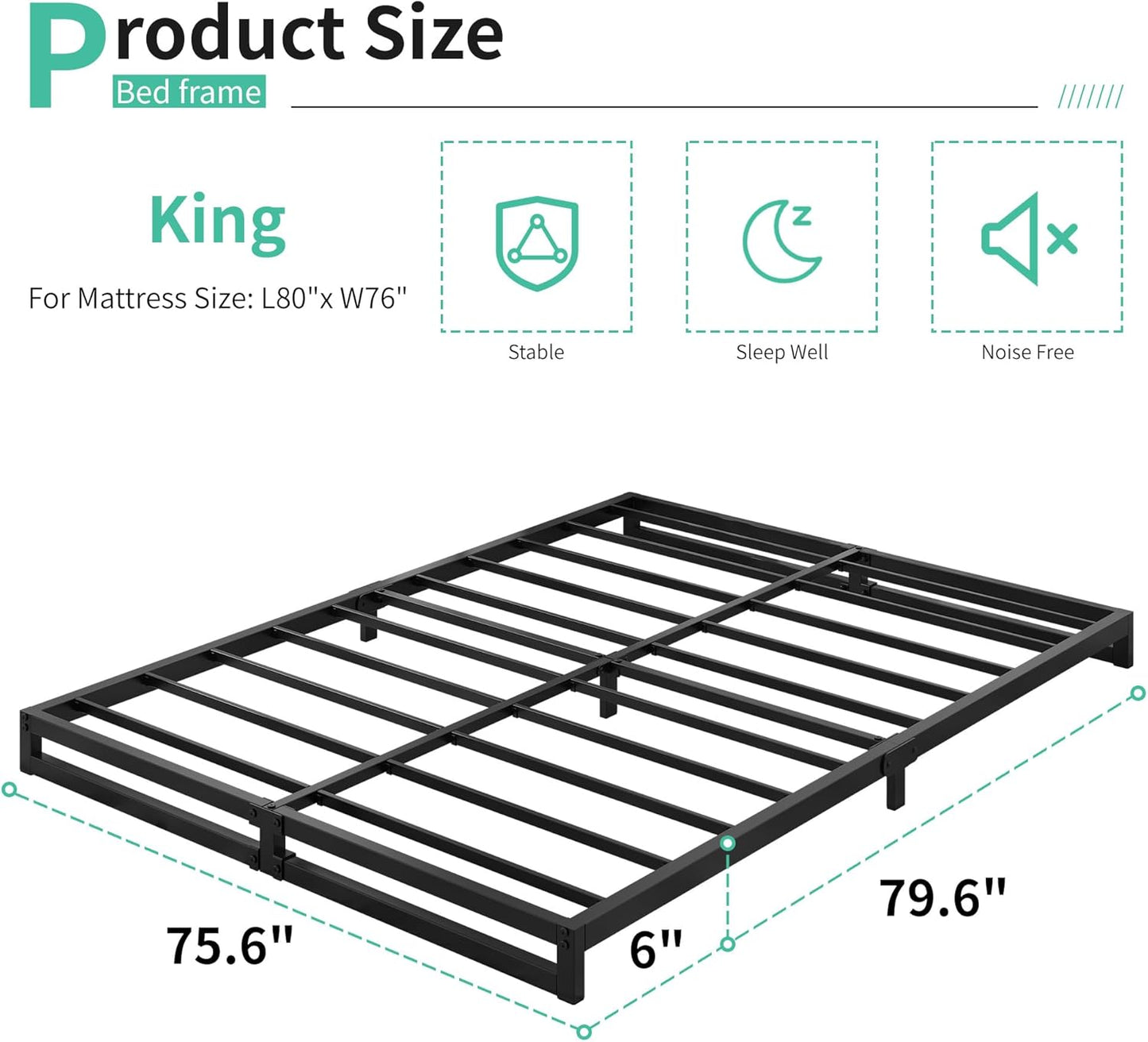 6 Inch King Size Bed Frame Sturdy Mattress Foundation, Heavy Duty Metal Platform with Steel Slats Support No Box Spring Needed, Noise Free, Easy Assembly, Black