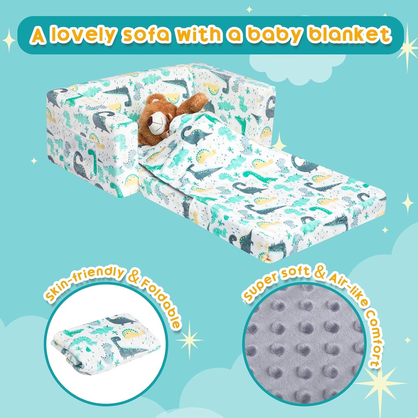 ALIMORDEN Fold Out Toddler Couch, Extra Wide Comfy 2-in-1 Cuddly Sherpa Sofa for Kids, with Removable Baby Friendly Blanket, Convertible Sofa to Bed, Dinosaur