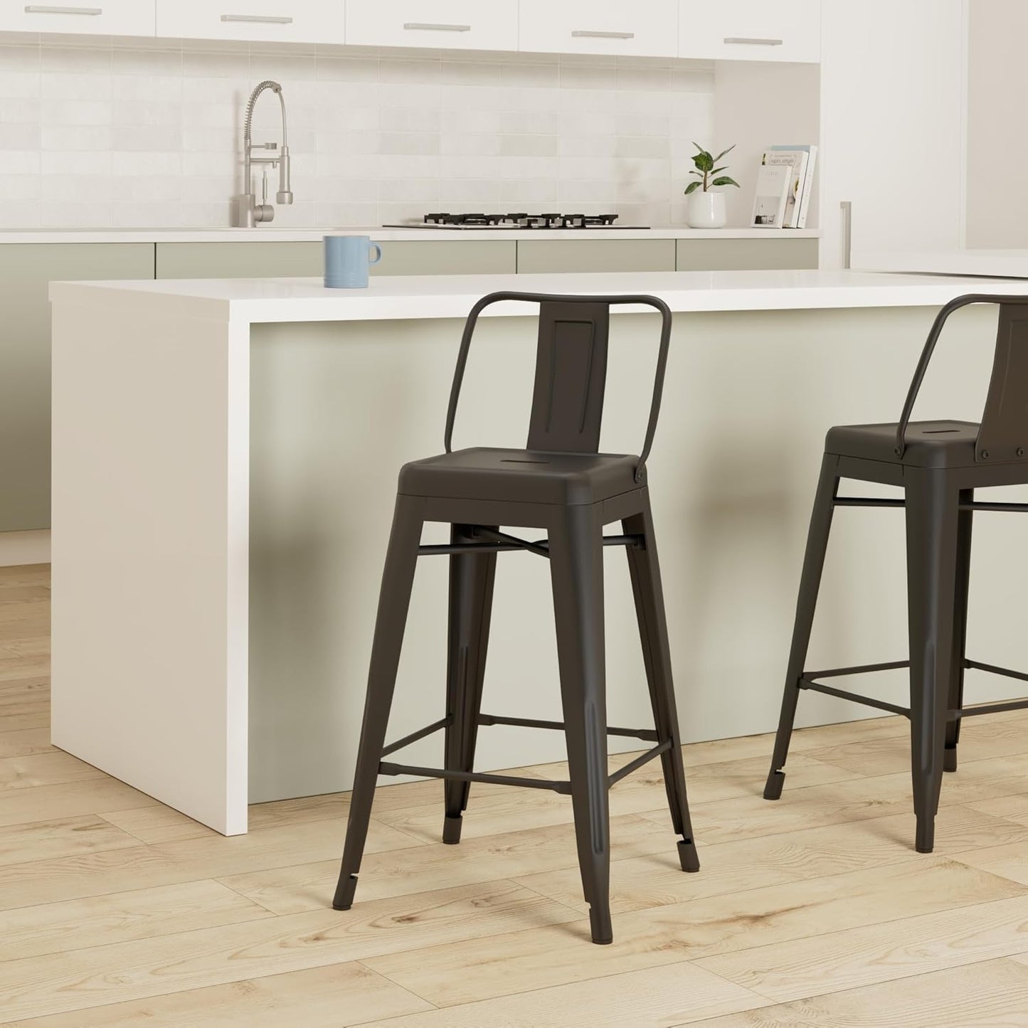 AC Pacific 30” Metal Barstool Set of 2 – Country Rustic Style with Low Back, Lightweight & Sturdy Build, Easy Assembly – Midnight Matte Finish