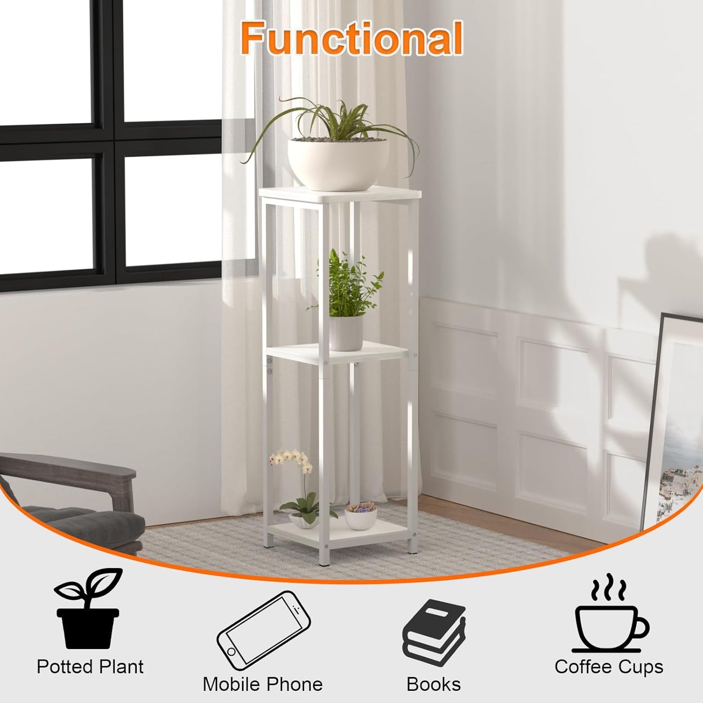 10" Wide Square Drink Table with Adjustable Feet - 3-Tier Small Side Table for Apartments, Balcony & Office | Space-Saving, Lightweight & Multi-Functional (Plants, Books, Drinks, White)