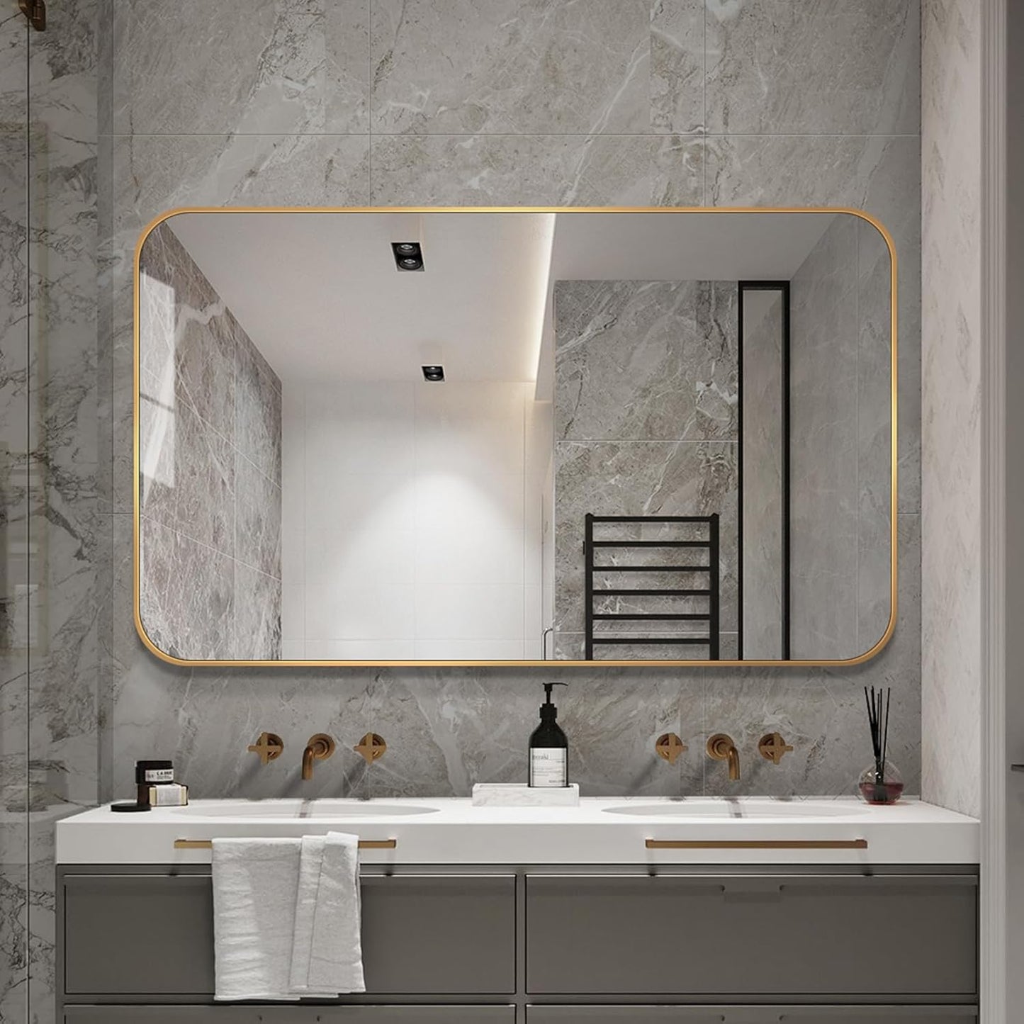 Large Modern Bathroom Mirror with Black Frame, 5mm Copper Free Silver Mirror,Black Frame, Easy Installation (Golden, 36" L x 30" W)