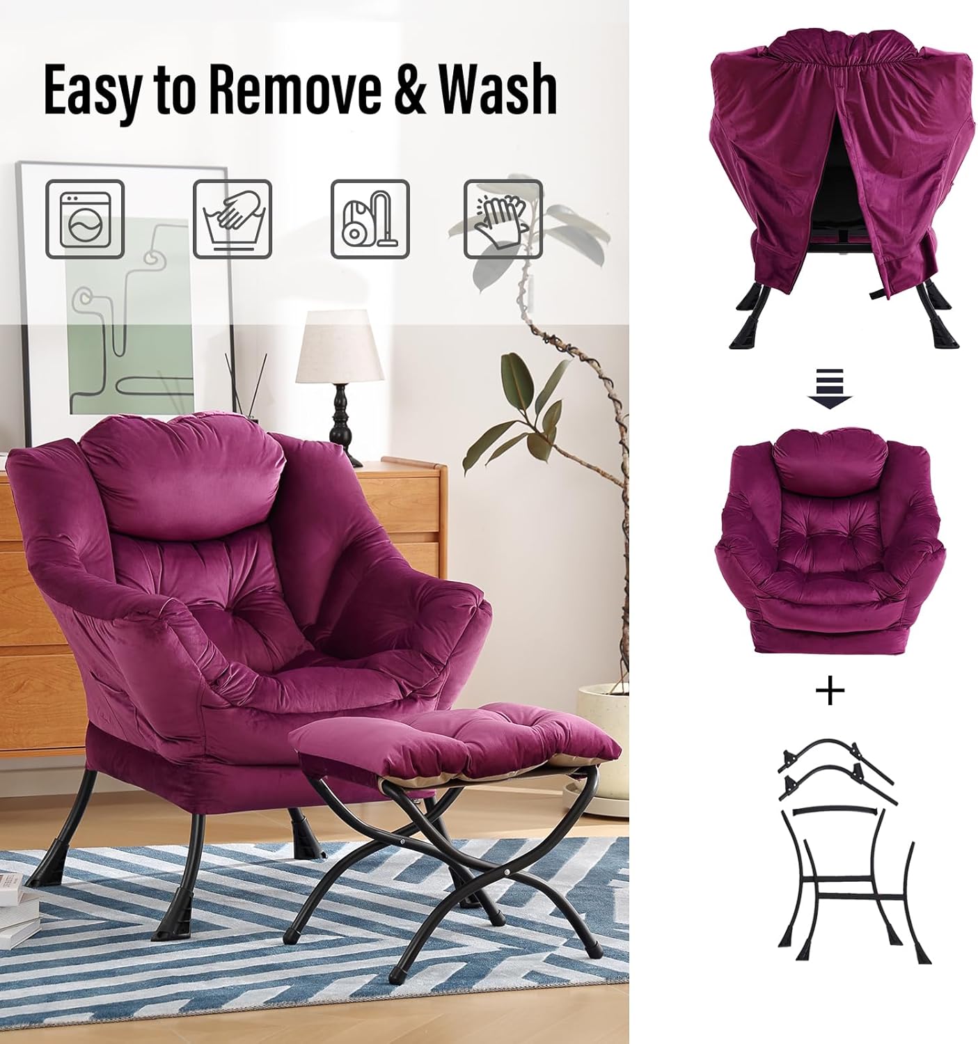 Lazy Chair with Ottoman, Modern Chair with Folding Footrest, Lounge Accent Chair, Comfortable Reading Chair (Velvet Dark Purple)