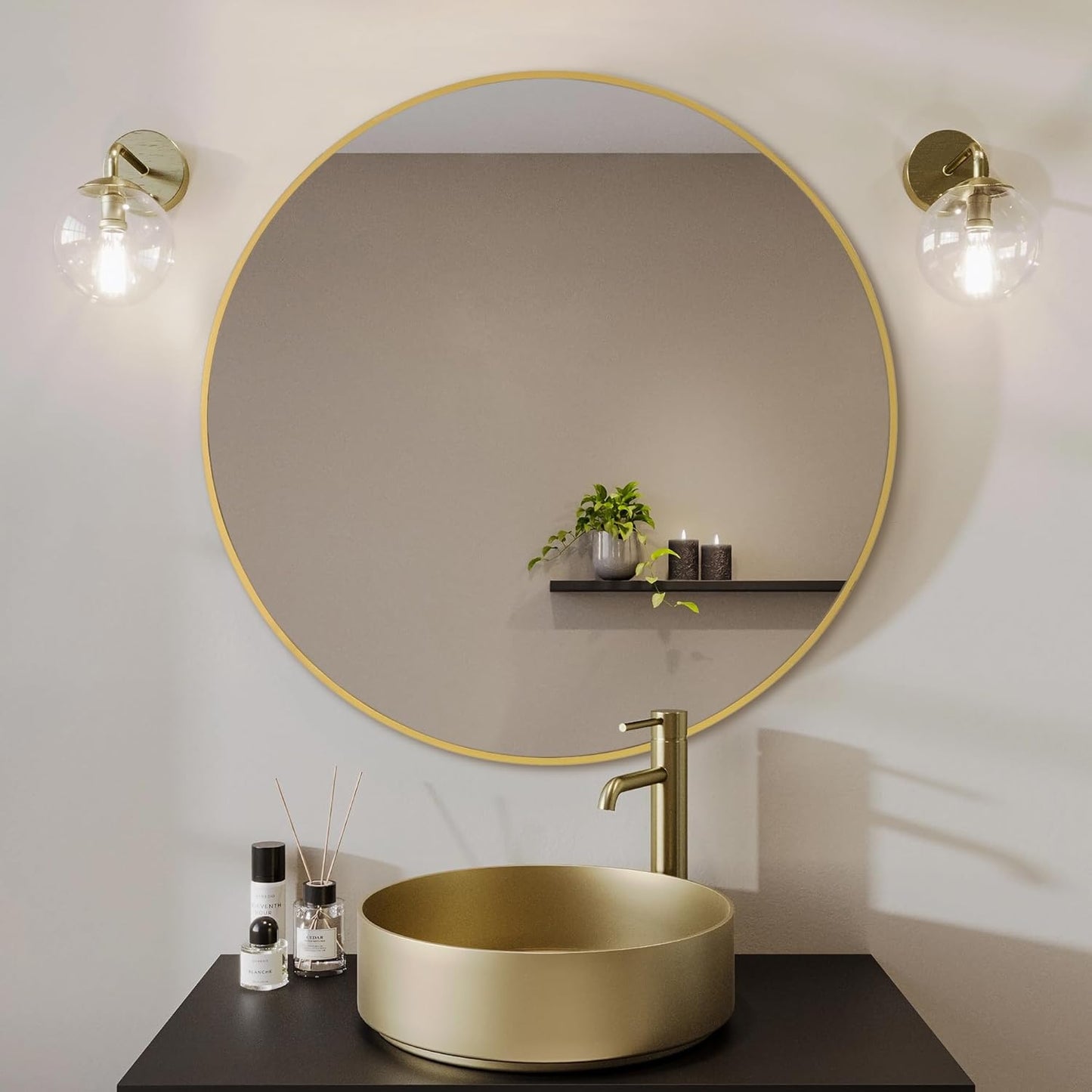 Gold Round Mirror,Bathroom 24 Inch Vanity Wall Mirror,Modern Circle Mirror for Wall,Wood Mirror for Bedroom Living Room Entryway