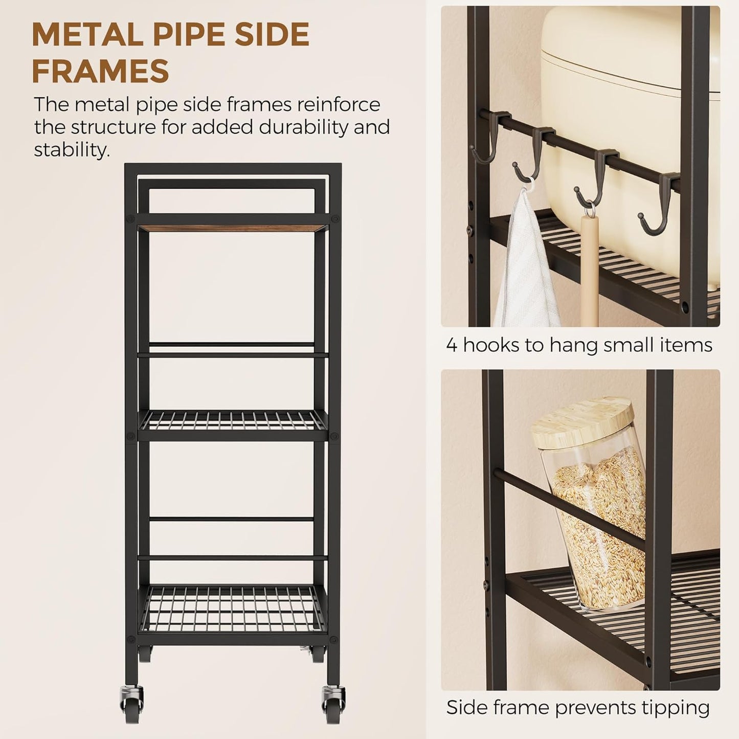 3-Tier Metal Storage Rack with Industrial Wheels,Mesh Shelving Unit with Wooden Table top,Adjustable Shelf,23.6-Inch Width,15.8-Inch Depth, for Kitchen, Laundry,Pantry,Plant,Black