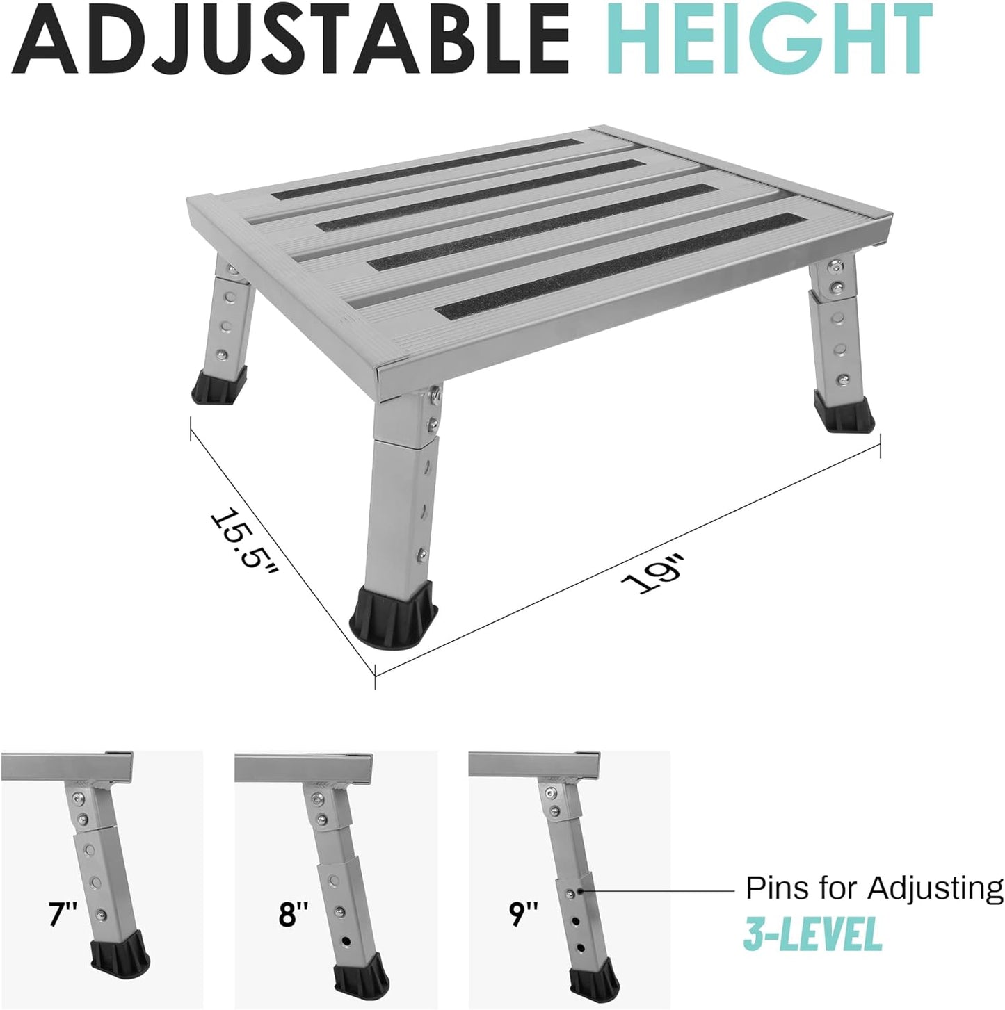 Adjustable Height Aluminum RV Step, Stable Foldable Platform Step Stool, Supports Up to 1,000 lb, Non-Slip Rubber Feet and Platform Mat, Easy to Carry (Silver)