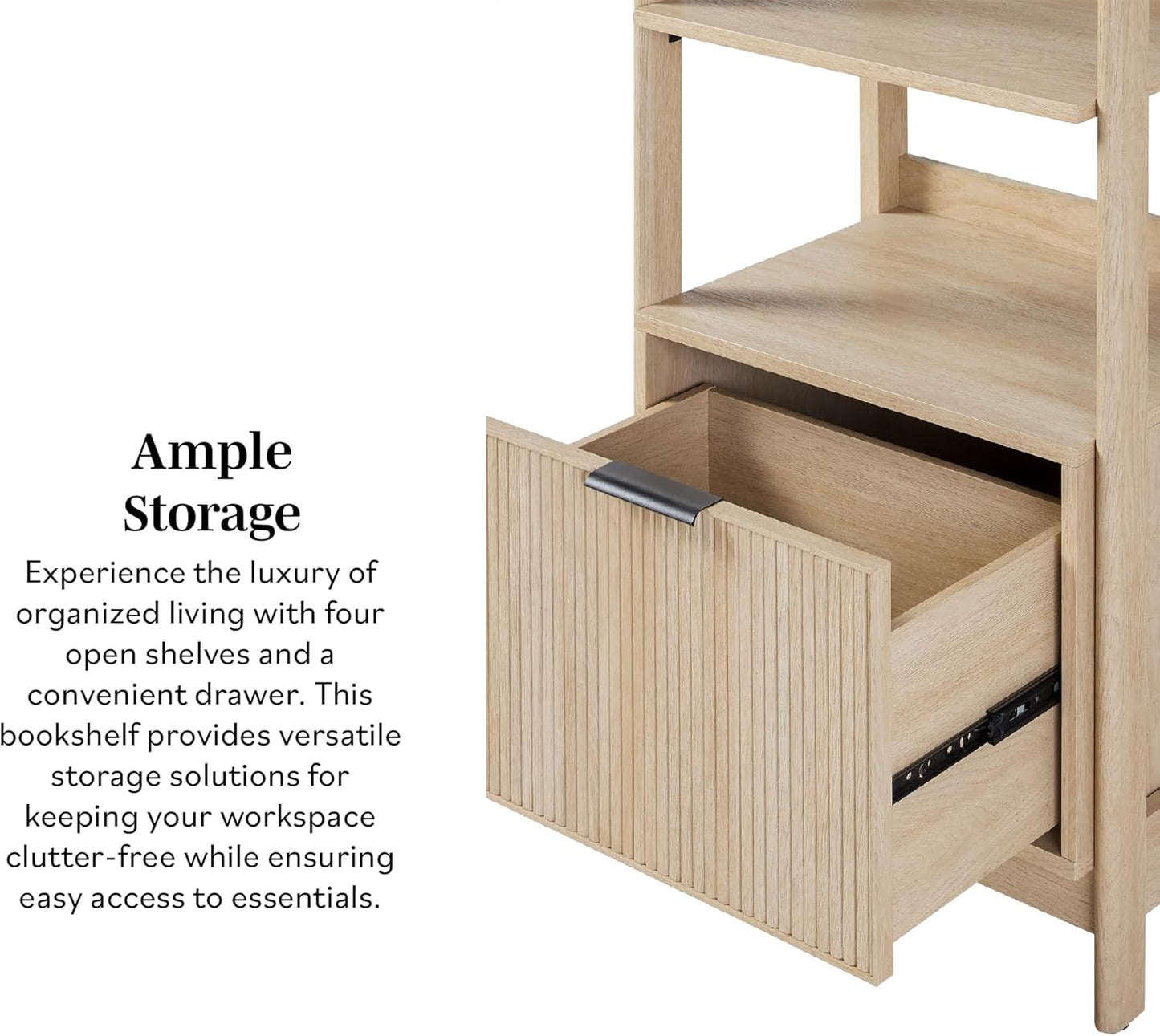 Walker Edison Transitional Reeded Narrow Open Bookshelf with Drawer Home Office Living Room, Bedroom, 4-Shelf Bookcase with Bottom Storage, 22 Inch, Coastal Oak