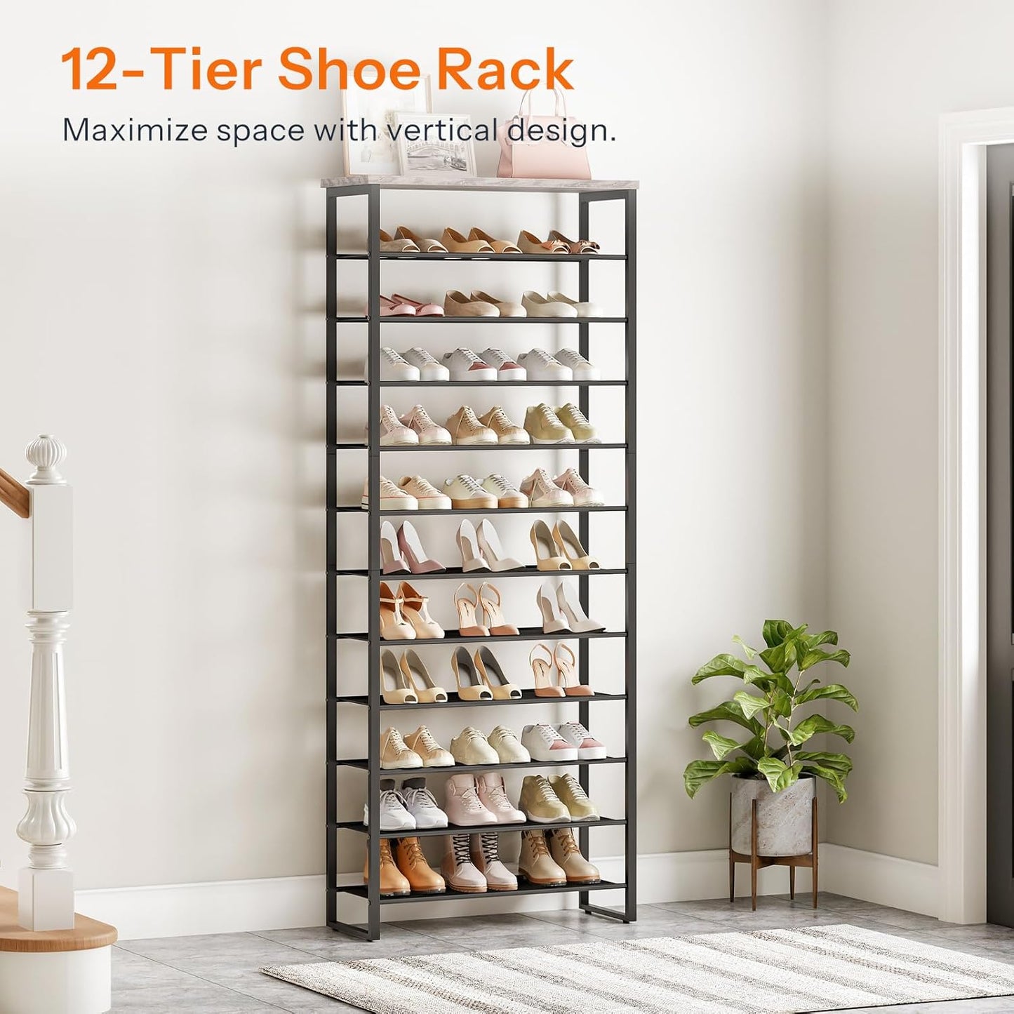 HOOBRO Shoe Rack, 12-Tier Shoe Storage Organizer, Large Capacity Shoe Shelf for Front Door Entrance, Entryway, Closet, Holds 36-48 Pairs of Shoes, Closet, Greige and Black BG127XJ01