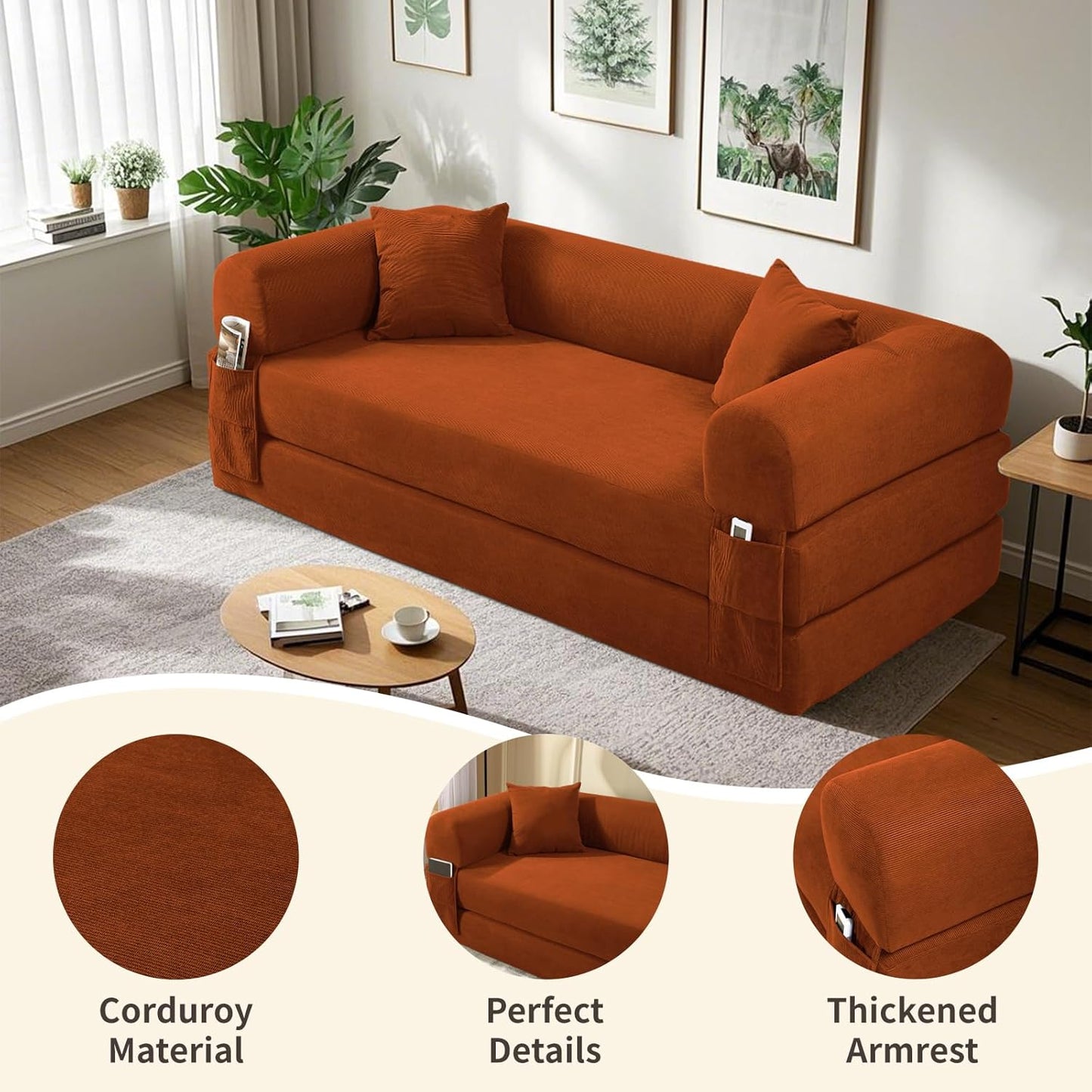80" Convertible Sofa Bed, Corduroy Deep Seat Folding Pull Out Couch with Pillows, No Assembly Modern Boneless Couch Compression Sofa in Box, Floor Sofa with Storage Pocket for Living Room, Orange