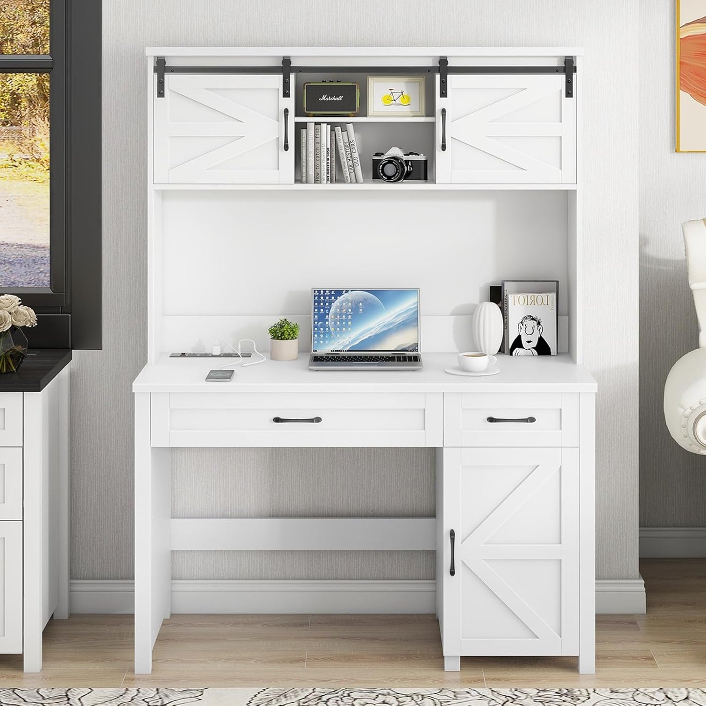 Farmhouse 47" Executive Desk, Computer Desks with 2 Drawers and Storage Cabinet, Home Office Desk with Hutch and Charging Station, Workspace for Work and Study. (Cream White)