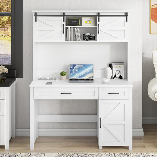 Farmhouse 47" Executive Desk, Computer Desks with 2 Drawers and Storage Cabinet, Home Office Desk with Hutch and Charging Station, Workspace for Work and Study. (Cream White)