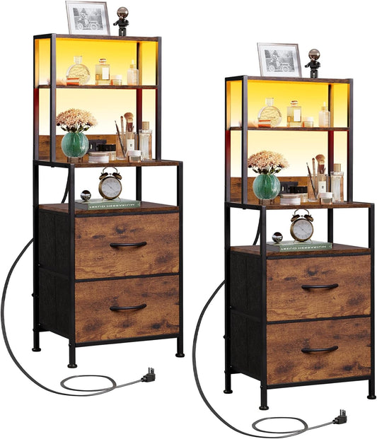 WLIVE Nightstand Set of 2 with Charging Station, LED Night Stand Sets with 2 Drawers and 4 Storage Open Shelves, Fabric Dressers for Bedroom, Rustic Brown