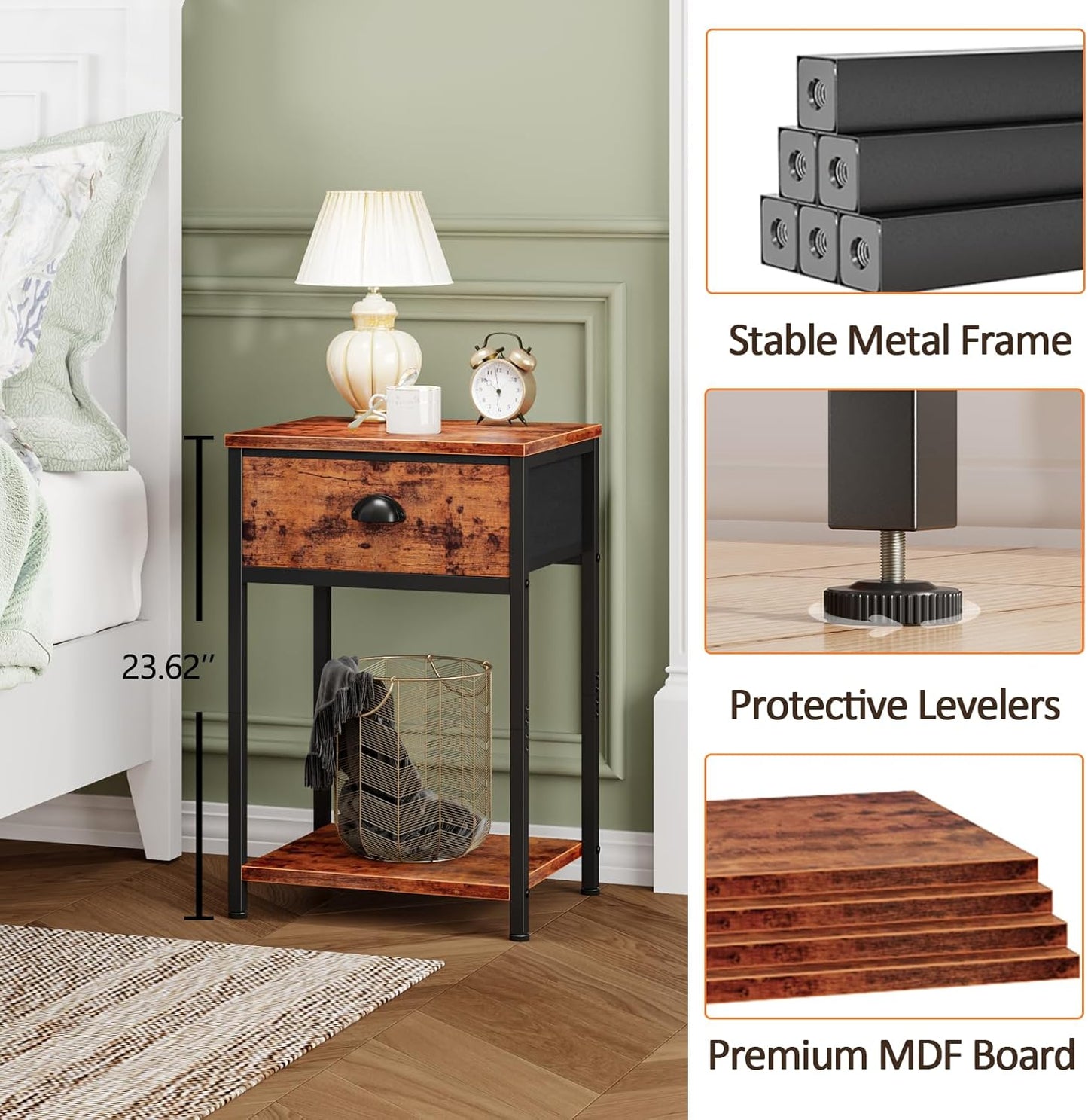 Furologee Nightstands Set of 2, Industrial End Table with Fabric Drawer and Storage Shelf, Retro Bedside Tables Organizer, Side Table for Living Room Bedroom, Rustic Brown