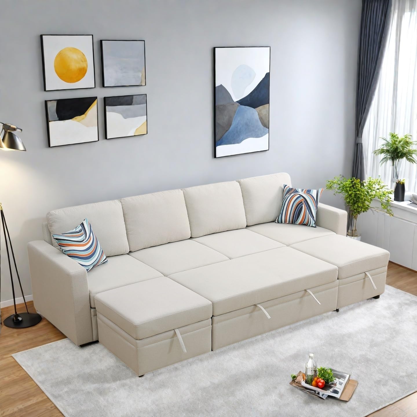 102 Inch L Shaped Sectional Couch with Pull Out Bed, 6-Seat Sleeper Sofa with Storage Ottoman, Convertible Sofa Bed for Living Room, Apartment, Off White