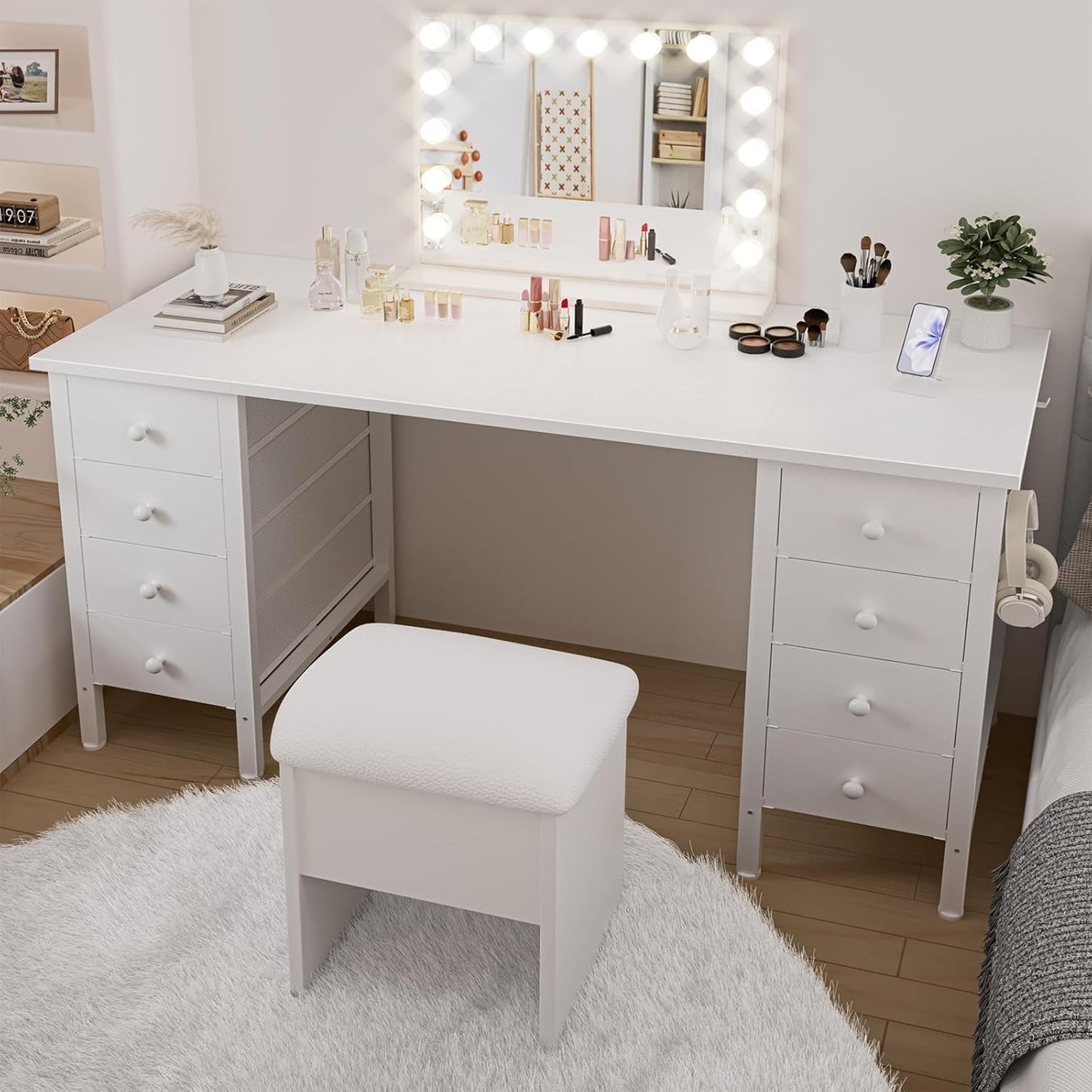 White Computer Desk with Drawers on Both Sides for Home Office, 55 inch Girls Teens Desks with Storage Writing Study Table for Bedroom, Makeup Vanity Desks Without Mirror,8 Fabric Drawer