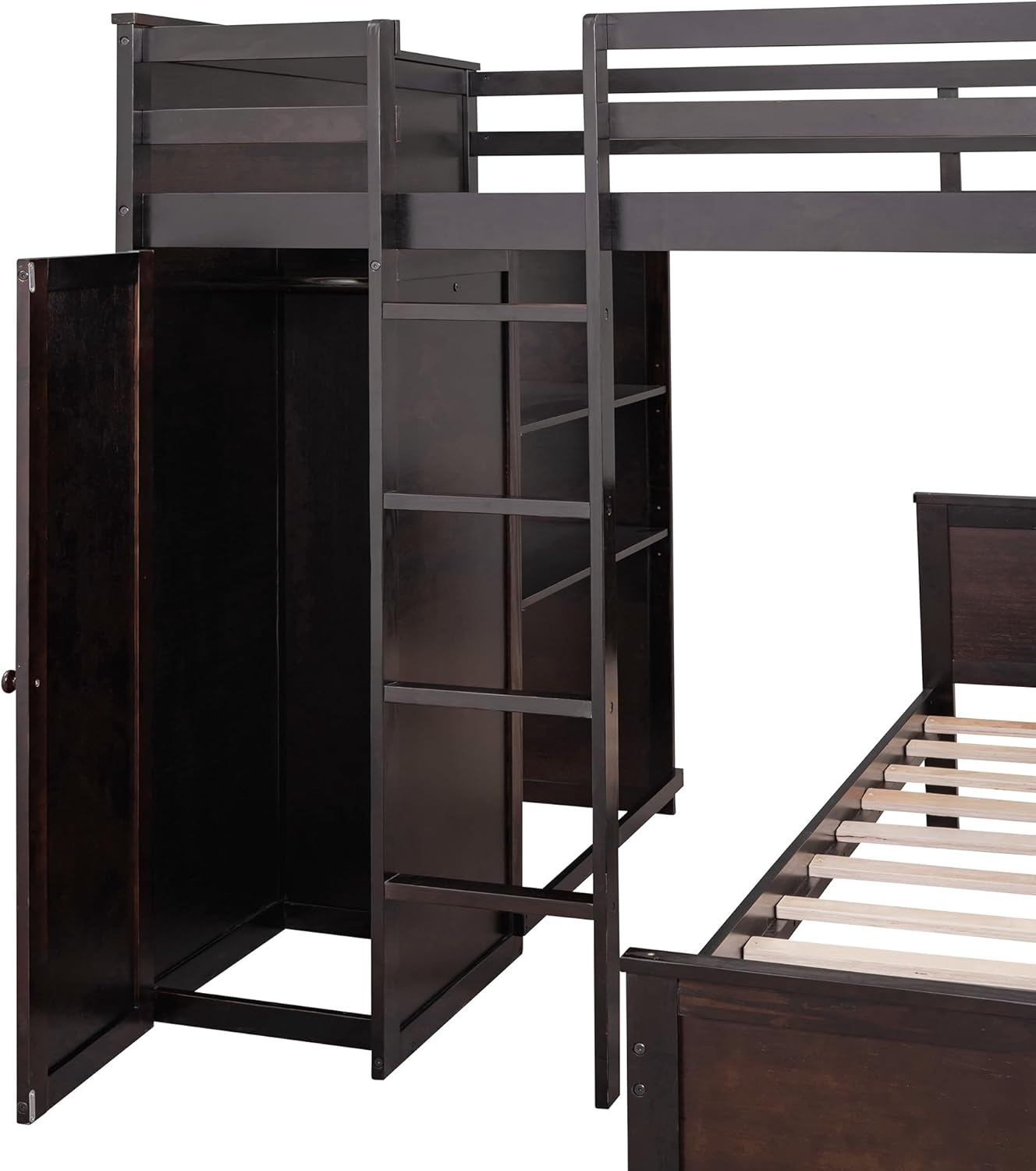 Full Size Loft Bed with Wardrobe Desk and Shelves,Solid Wood Bunk Stand-Alone Platform Bedframe,w/Safety Guardrail,for Kids Teens Adults Bedroom,Espresso