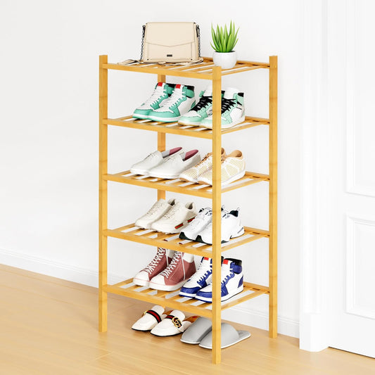 Smiry Shoe Rack, 5 Tier Small Bamboo Shoe Organizer, Stackable Free Standing Wooden Shoe Storage Shelf for Closet, Entryway, Front Door Entrance, Natural