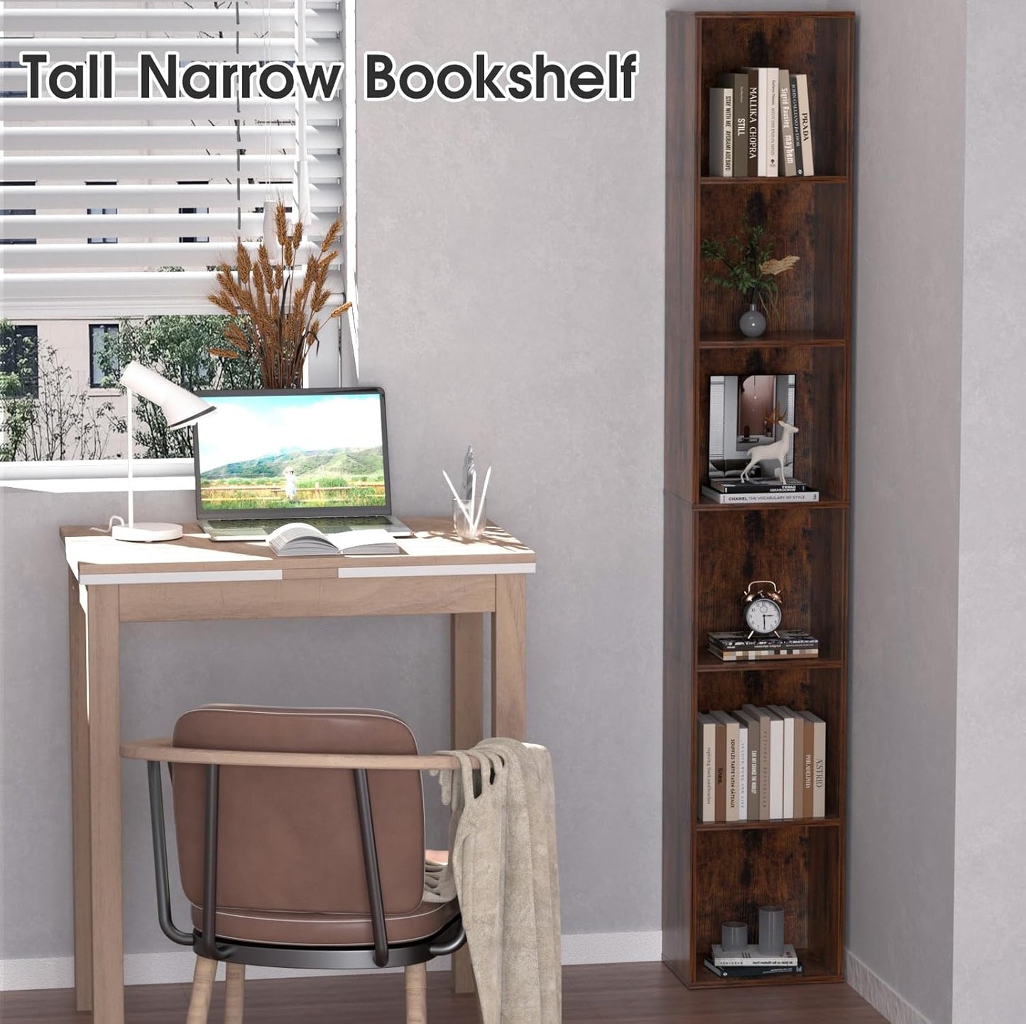 Tall Narrow Bookshelf 6-Tier Bookcase,70.5" Skinny Thin Corner Shelf Slim Storage Cabinet,Wood DVD CD Media Cube Organizer Tower Rack for Small Spaces, Bedroom, Living Room, Office,Brown