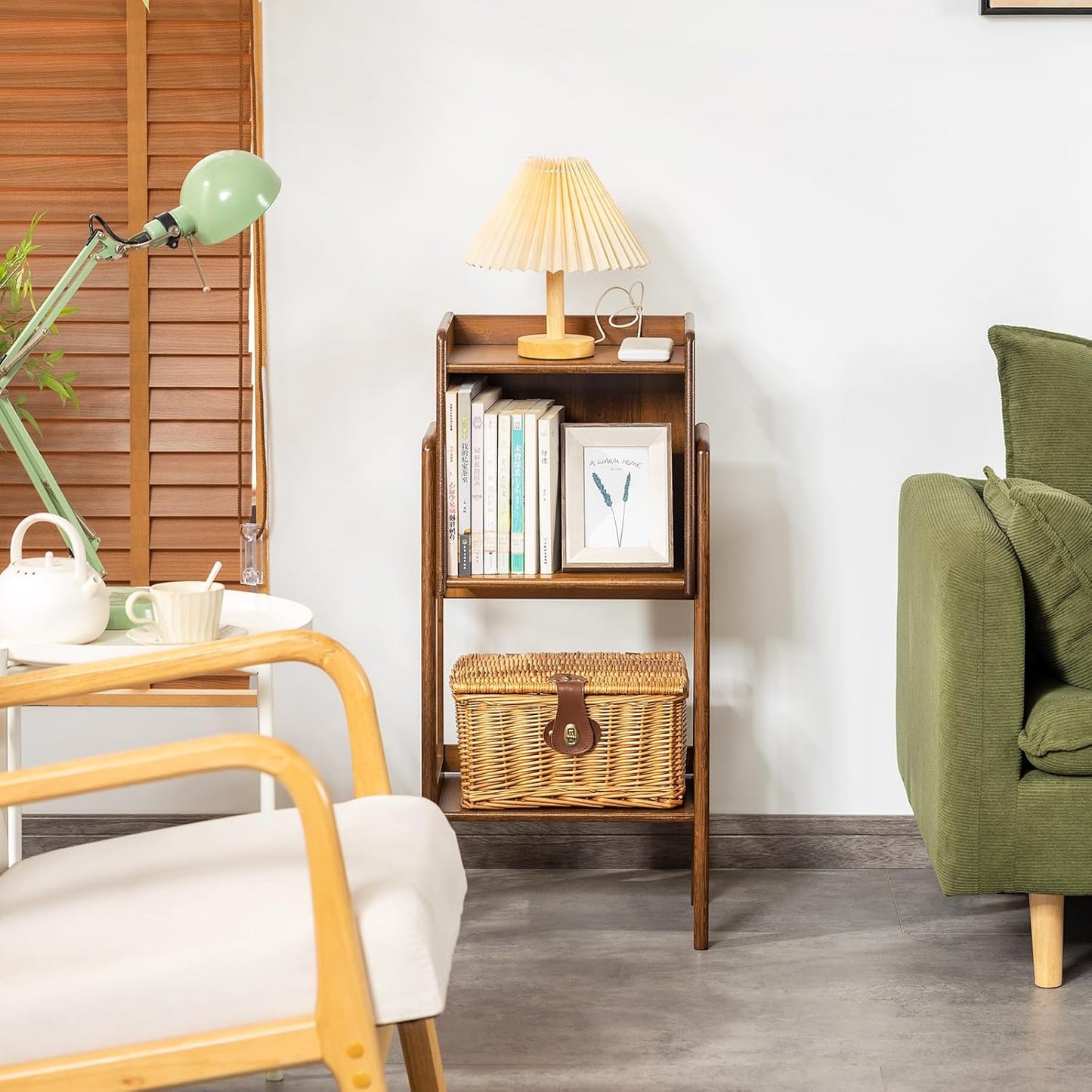 Welnow Bamboo Bookcase with Cabinet, Natural End Table with 1-Tier Storage Shelf, Modern Bedside Organizer Side Table for Bedroom or Living Room, Walnut Bookshelf with Open Space